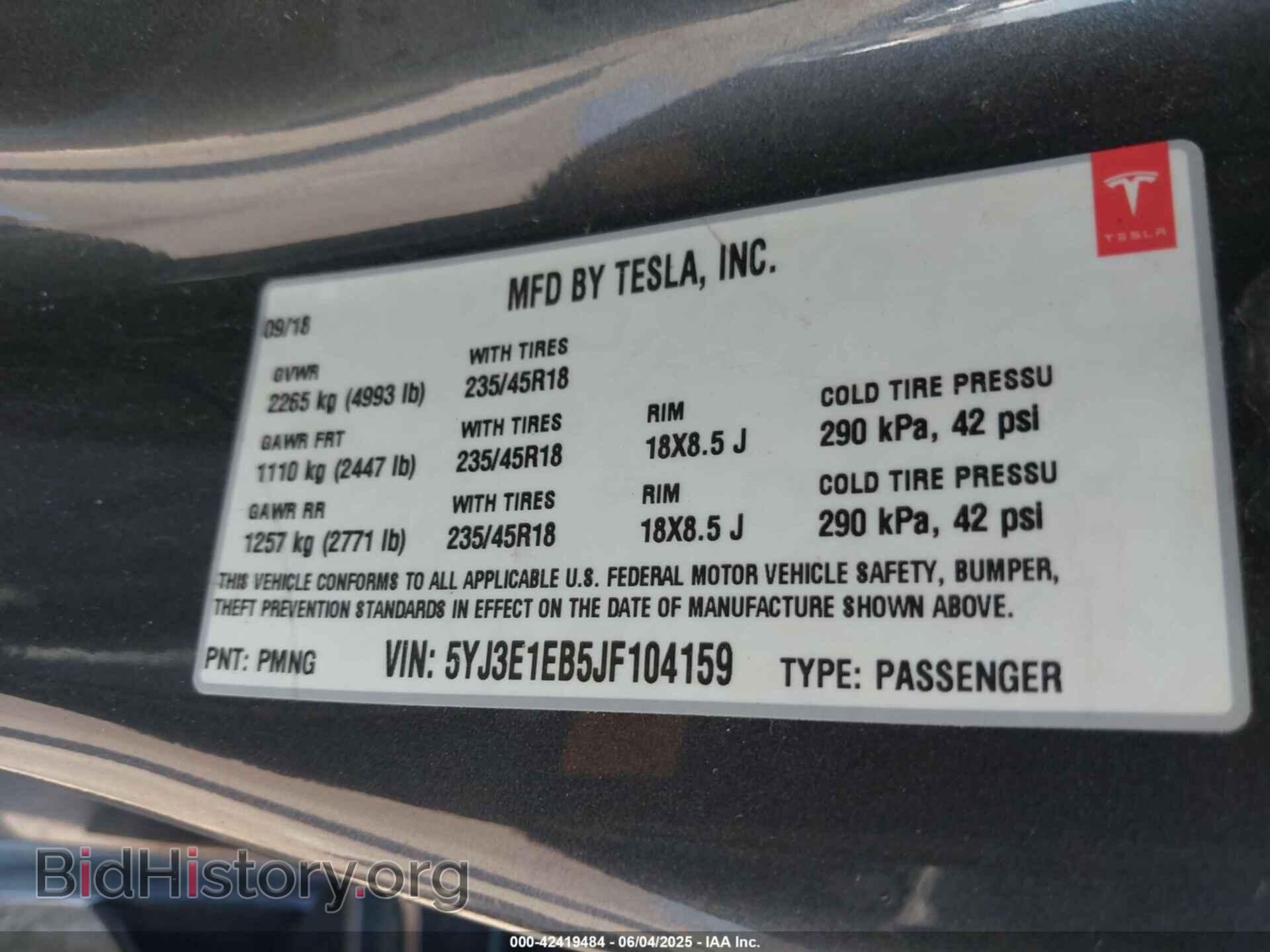 2018 TESLA MODEL 3 - VIN: 5YJ3E1EB5JF104159 - Фото 9