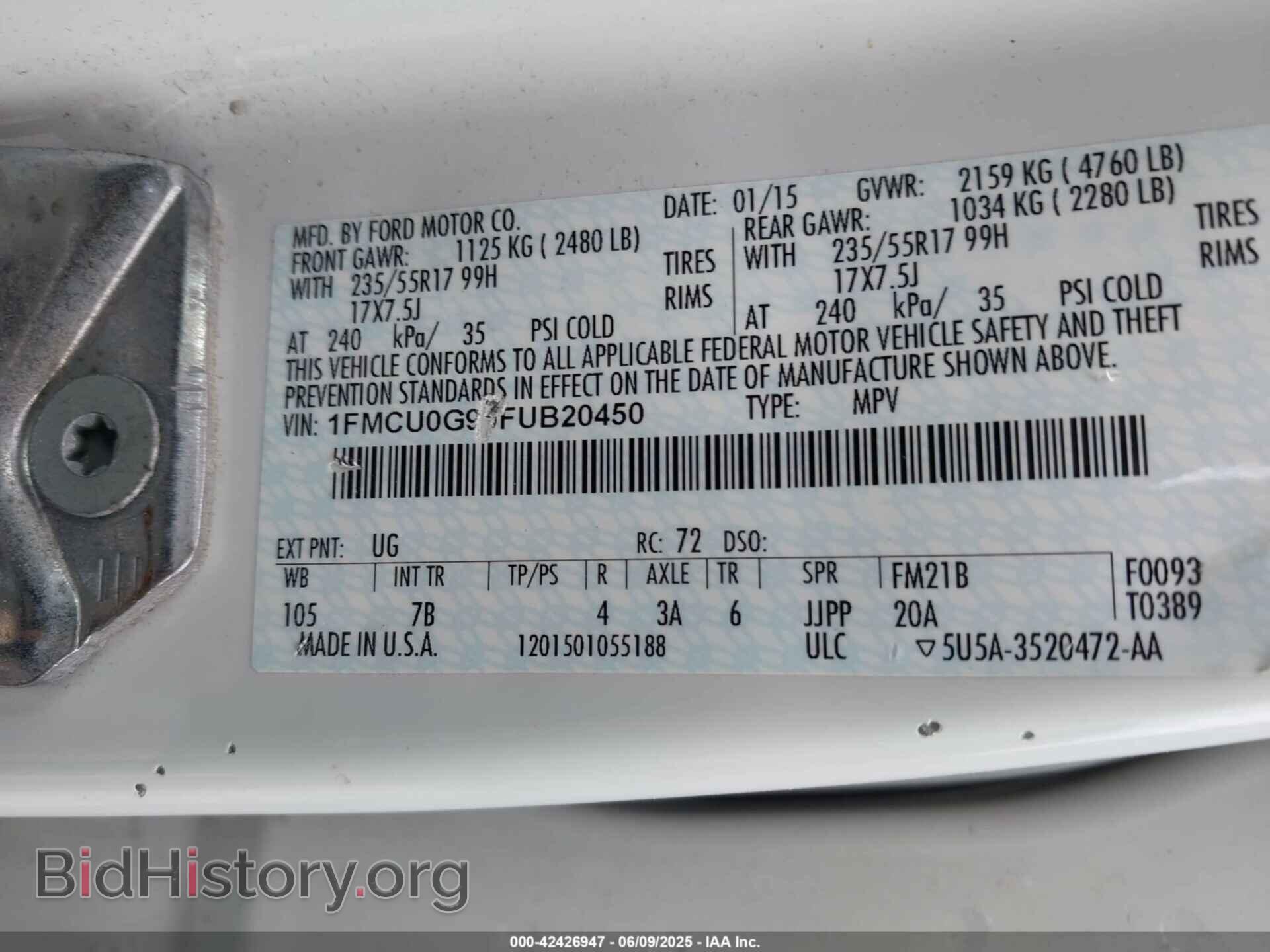 2015 FORD ESCAPE - VIN: 1FMCU0G90FUB20450 - Фото 9
