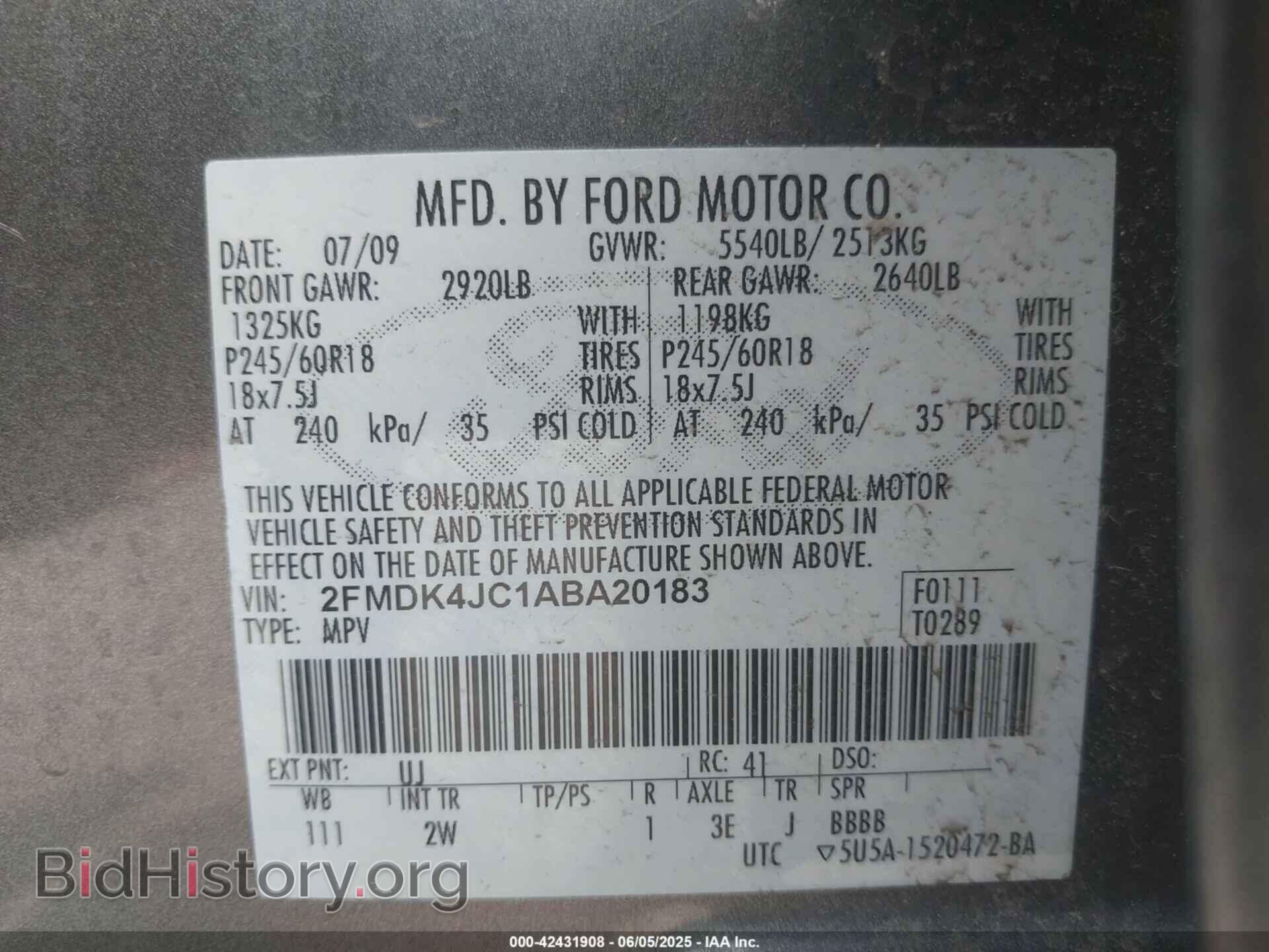 2010 FORD EDGE - VIN: 2FMDK4JC1ABA20183 - Фото 9