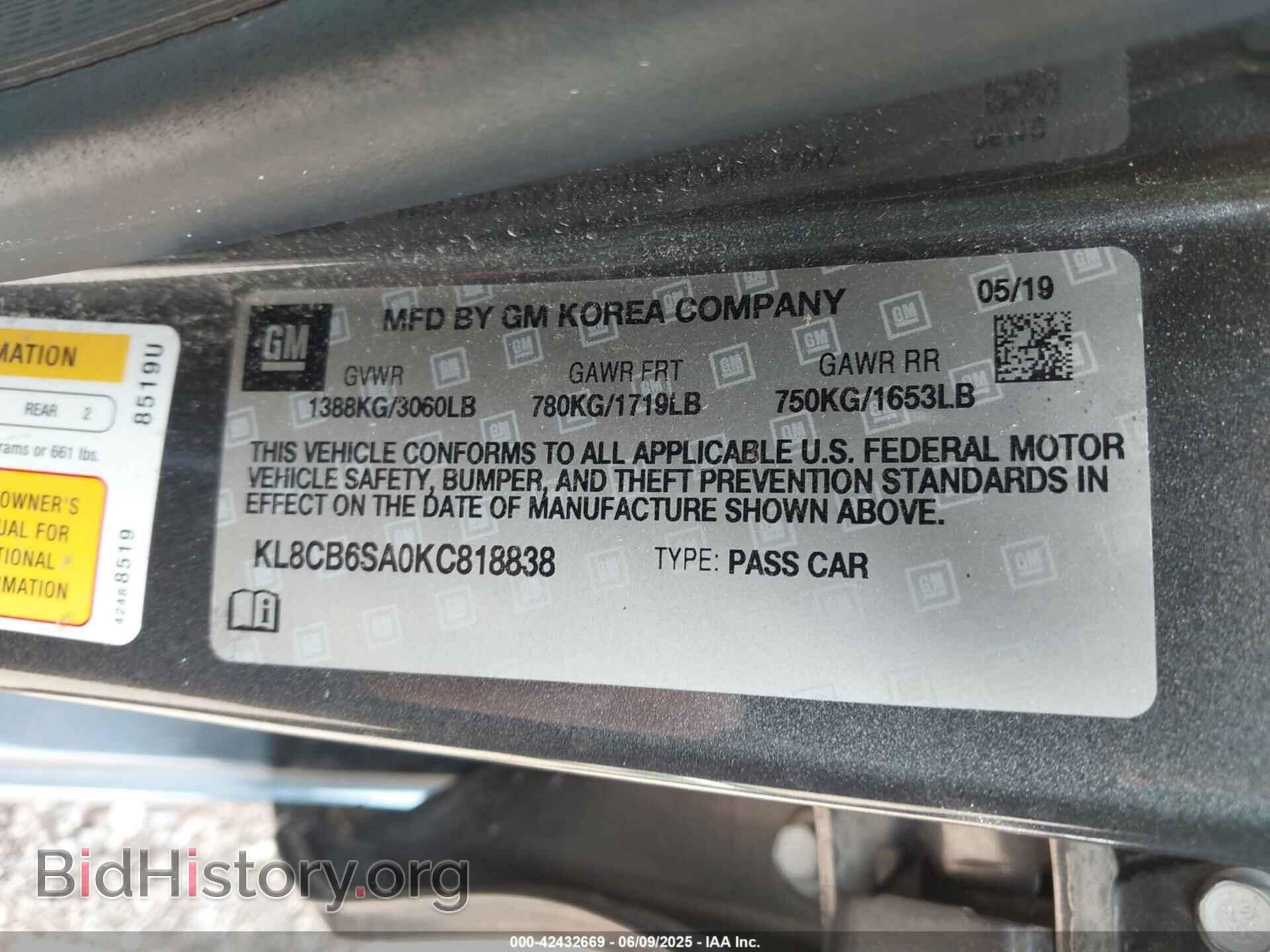 2019 CHEVROLET SPARK - VIN: KL8CB6SA0KC818838 - Фото 9