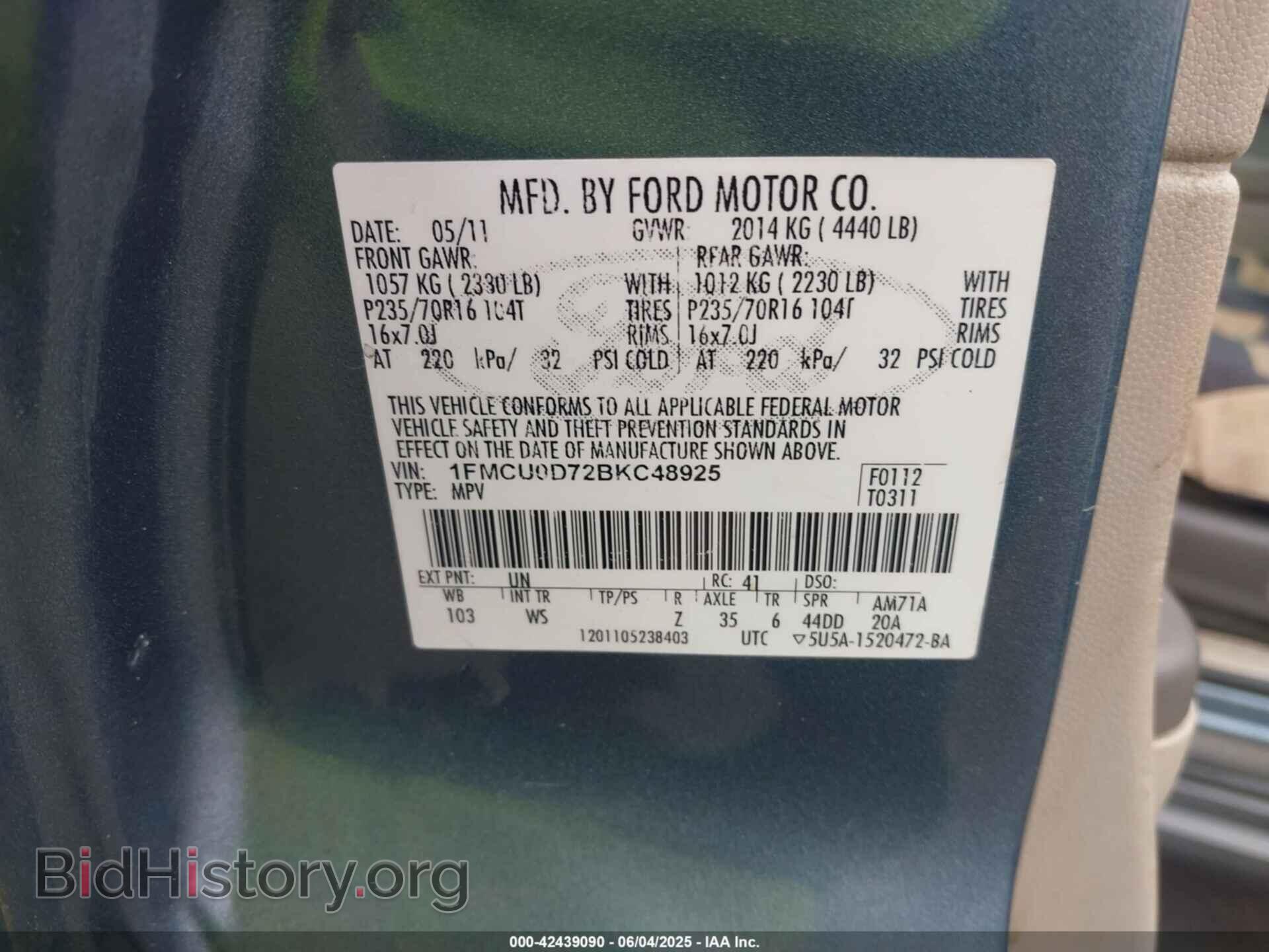 2011 FORD ESCAPE - VIN: 1FMCU0D72BKC48925 - Фото 9