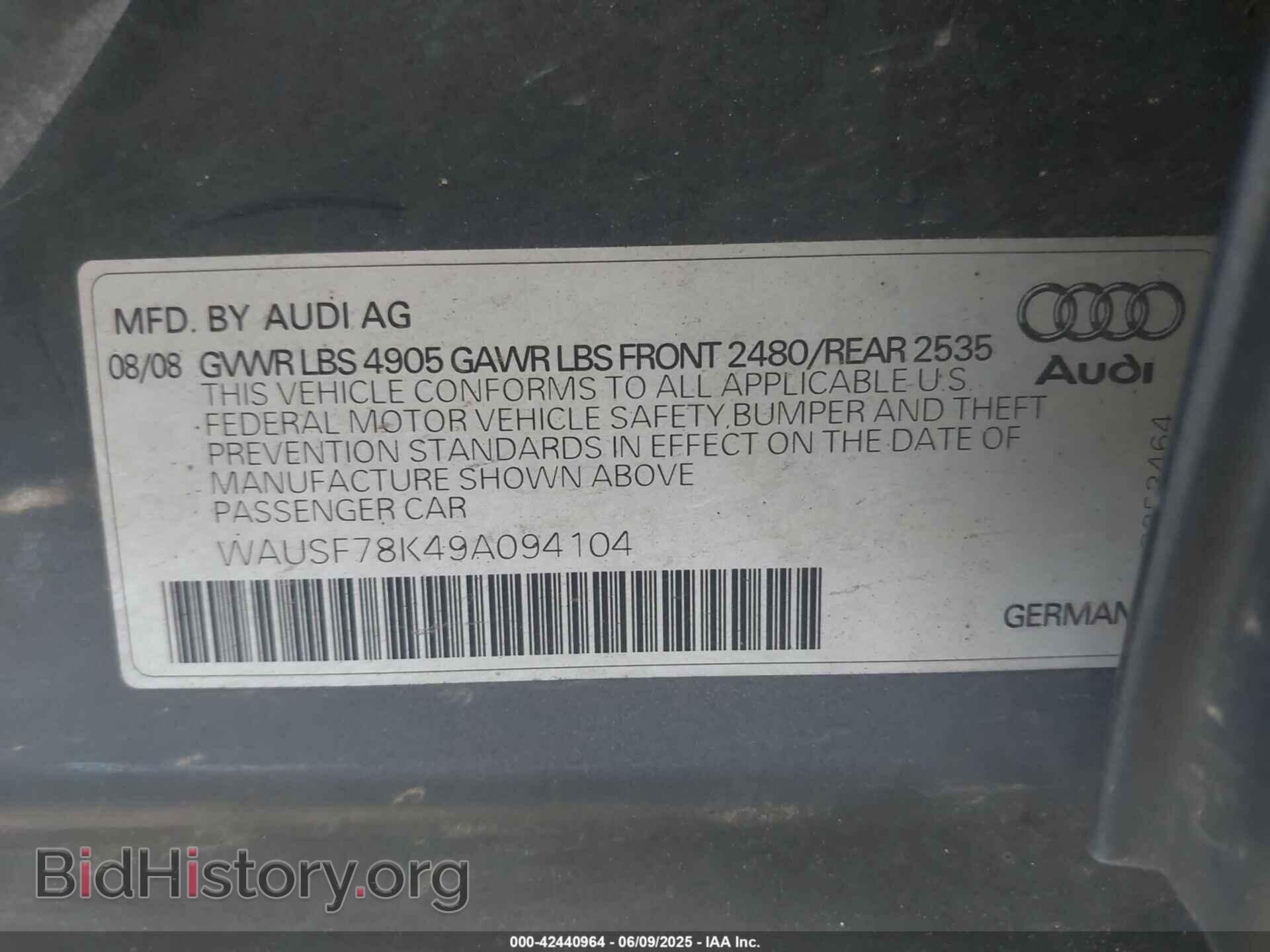 2009 AUDI A4 - VIN: WAUSF78K49A094104 - Фото 9