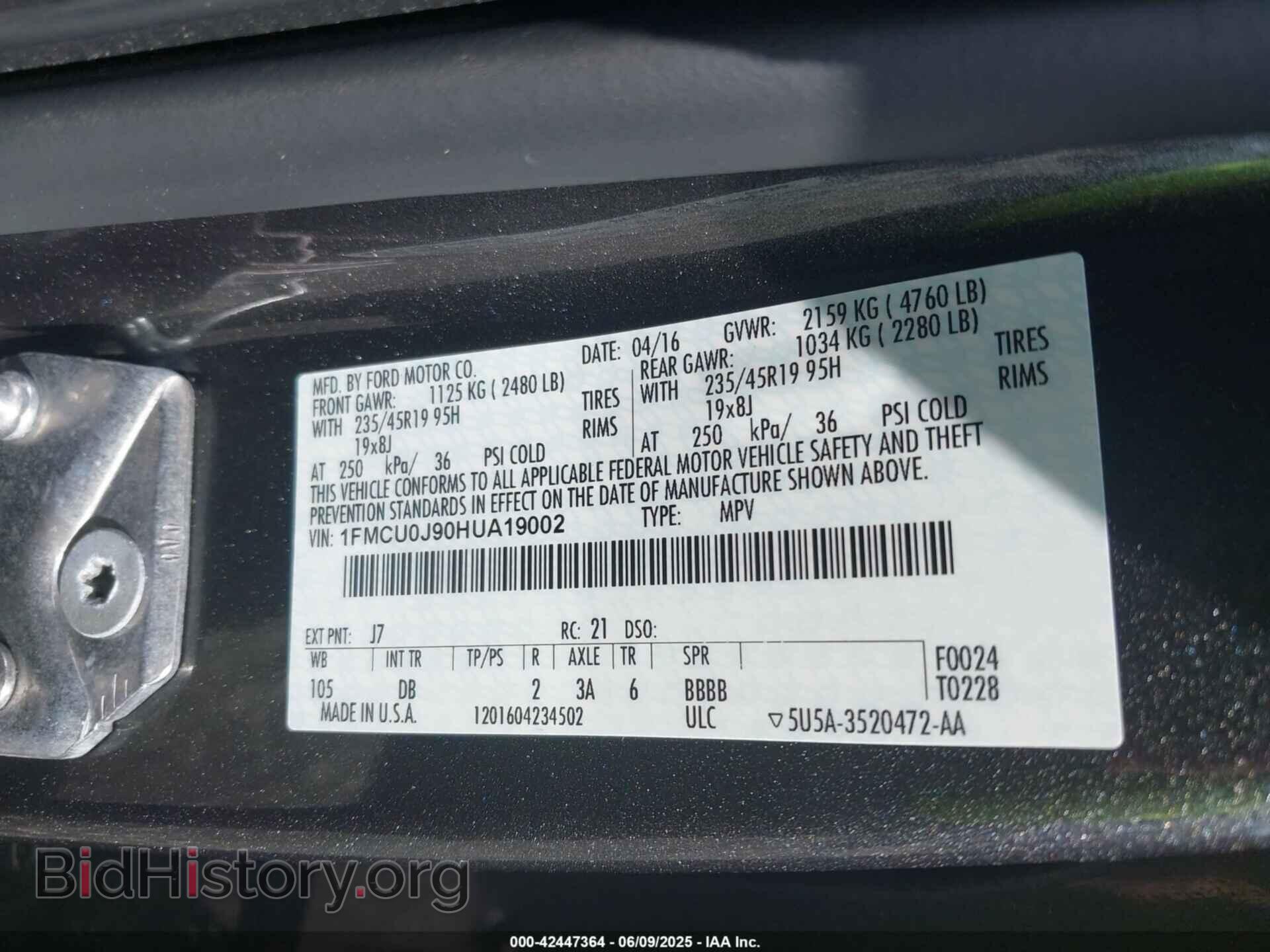 2017 FORD ESCAPE - VIN: 1FMCU0J90HUA19002 - Фото 9