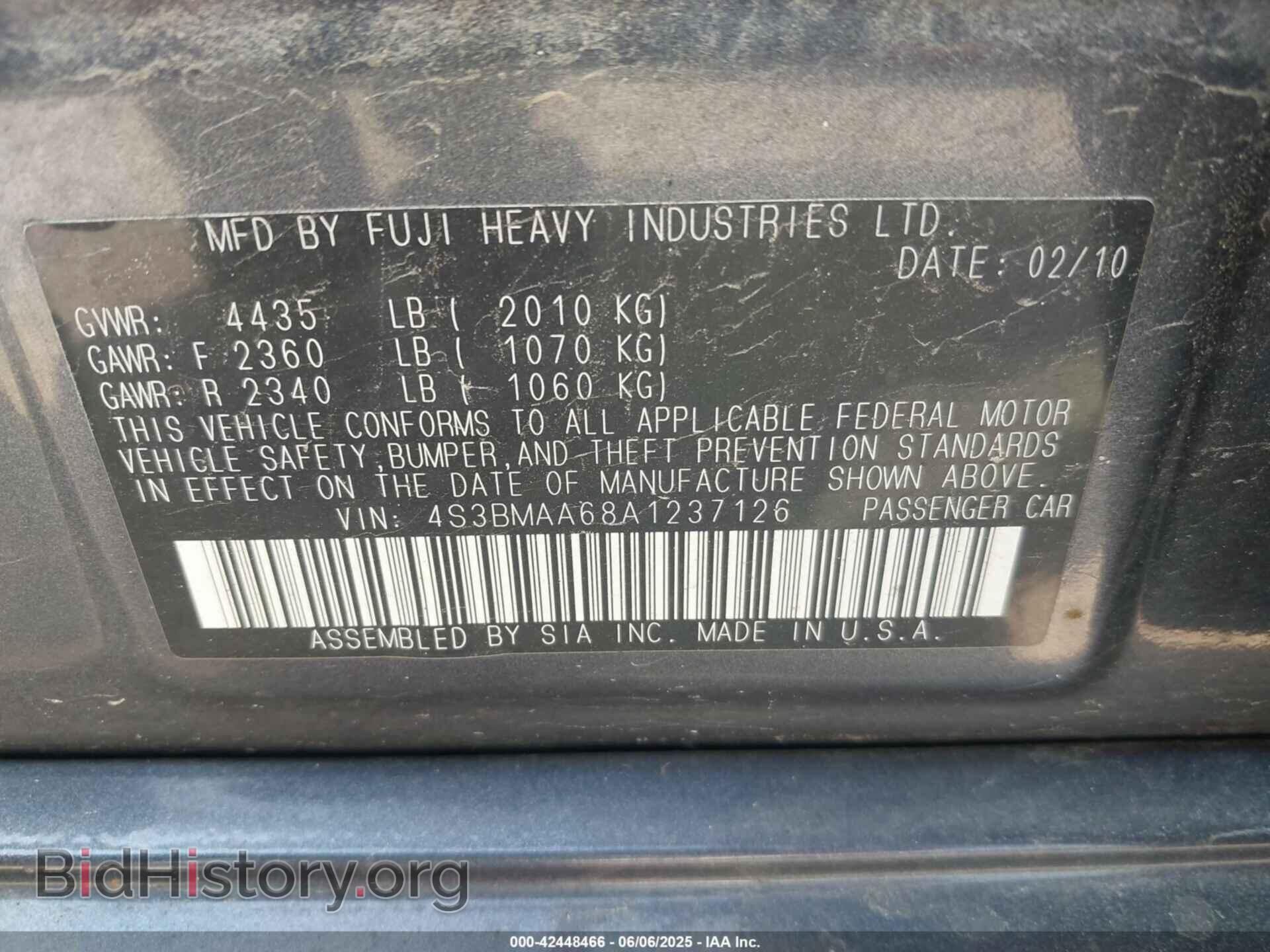 2010 SUBARU LEGACY - VIN: 4S3BMAA68A1237126 - Фото 9