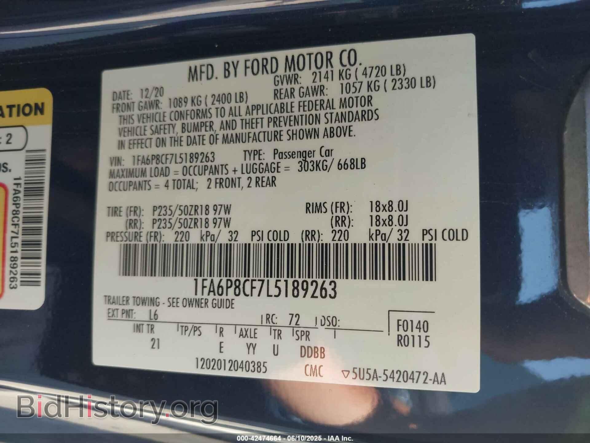2020 FORD MUSTANG - VIN: 1FA6P8CF7L5189263 - Фото 9