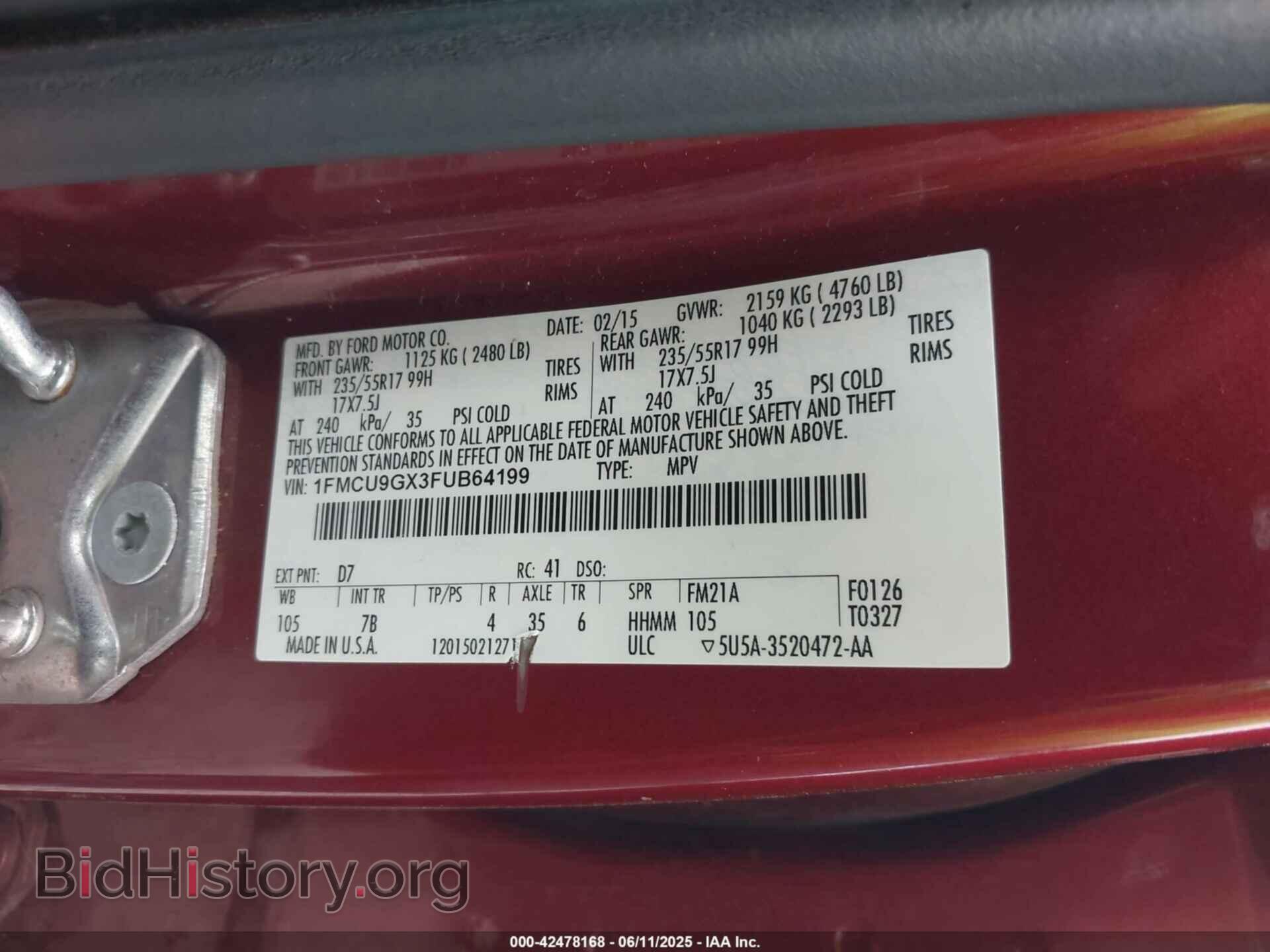 2015 FORD ESCAPE - VIN: 1FMCU9GX3FUB64199 - Фото 9