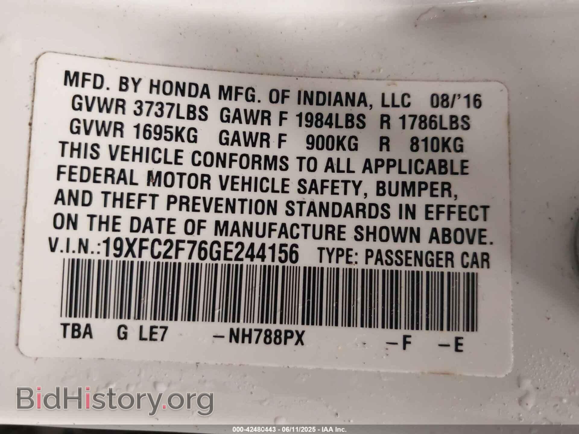2016 HONDA CIVIC - VIN: 19XFC2F76GE244156 - Фото 9