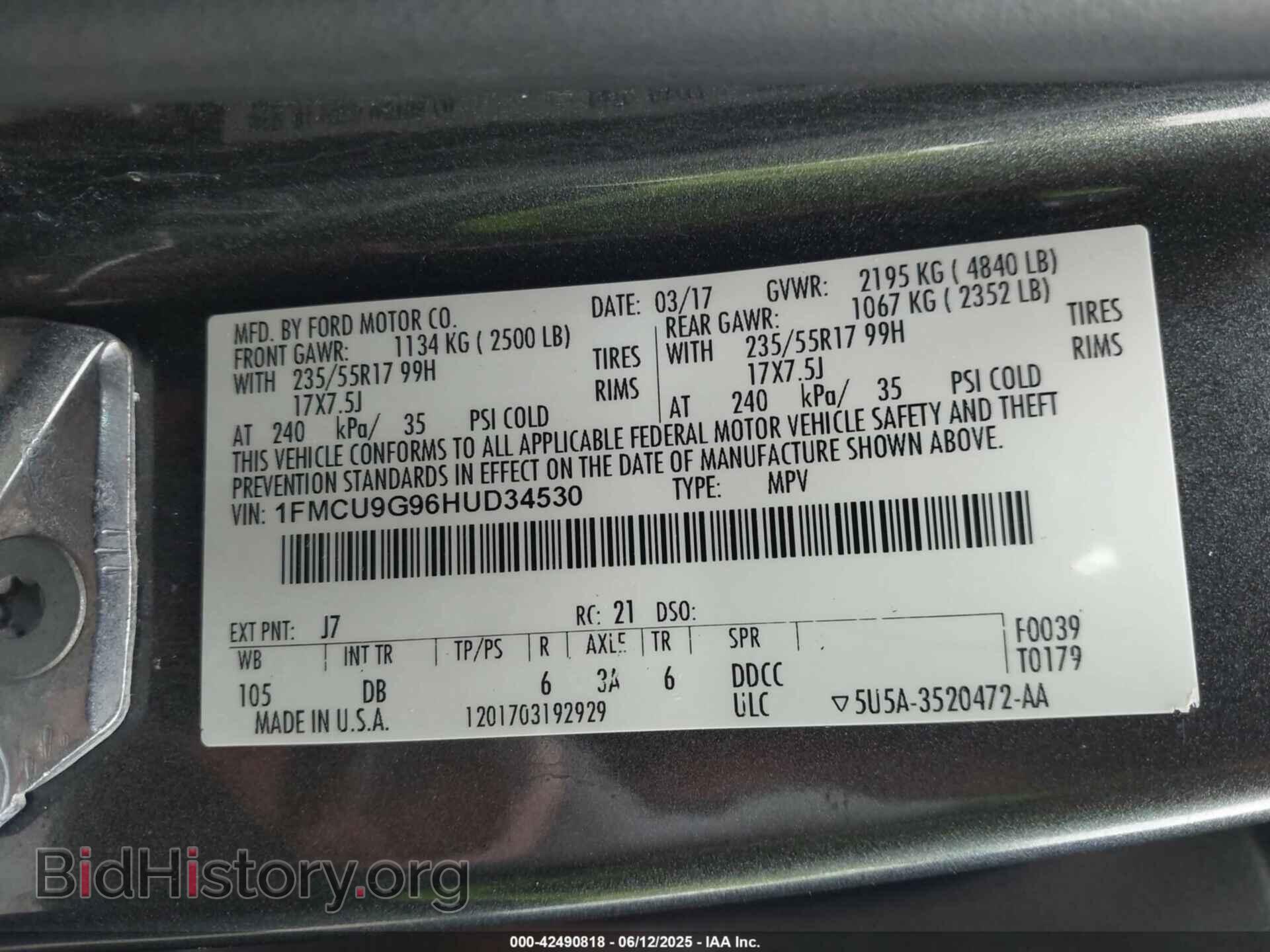 2017 FORD ESCAPE - VIN: 1FMCU9G96HUD34530 - Фото 9