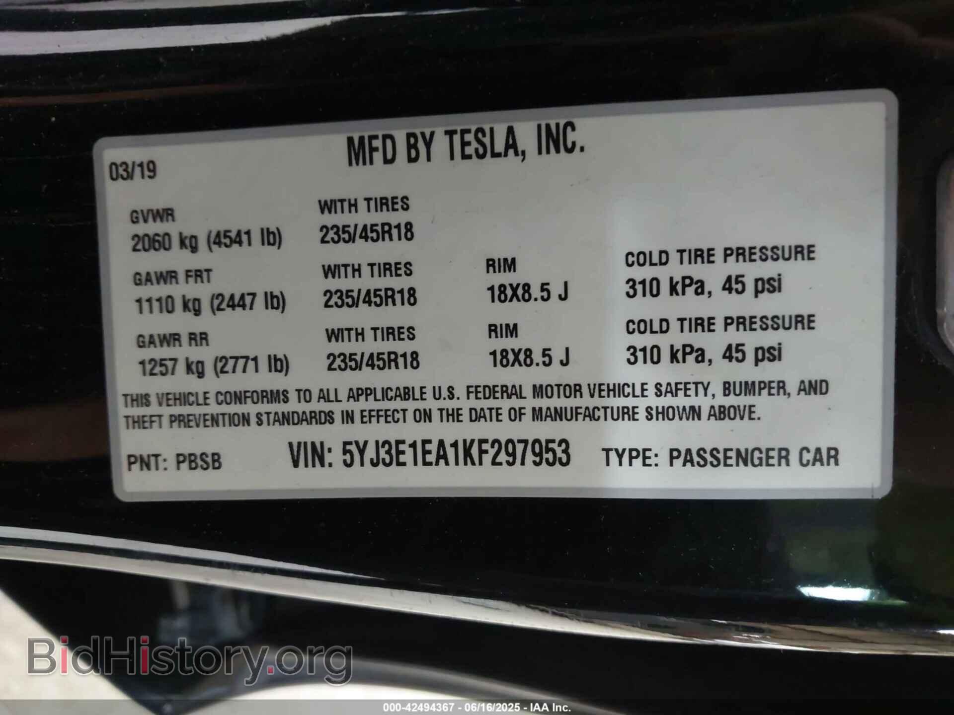 2019 TESLA MODEL 3 - VIN: 5YJ3E1EA1KF297953 - Фото 9