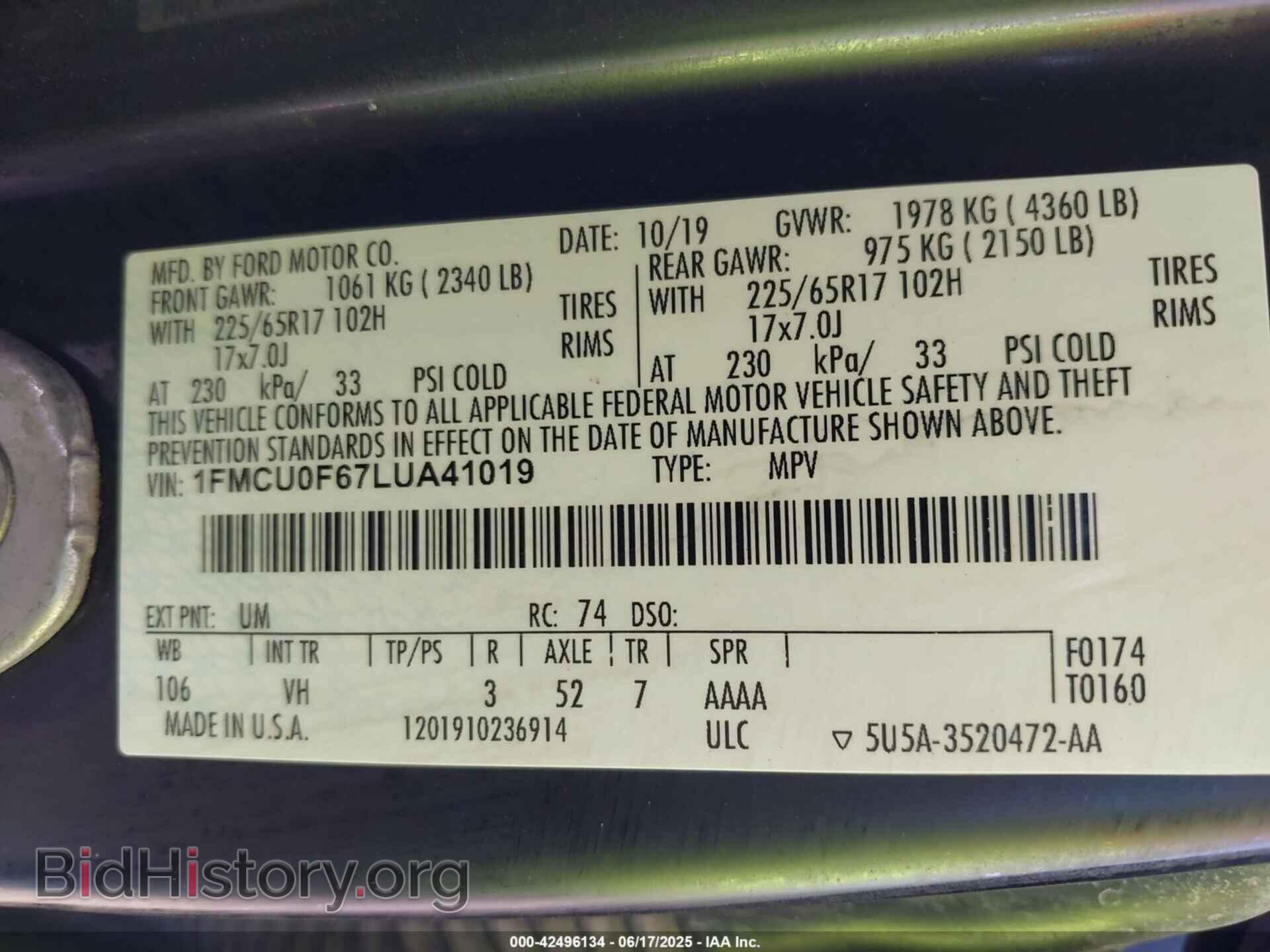 2020 FORD ESCAPE - VIN: 1FMCU0F67LUA41019 - Фото 9