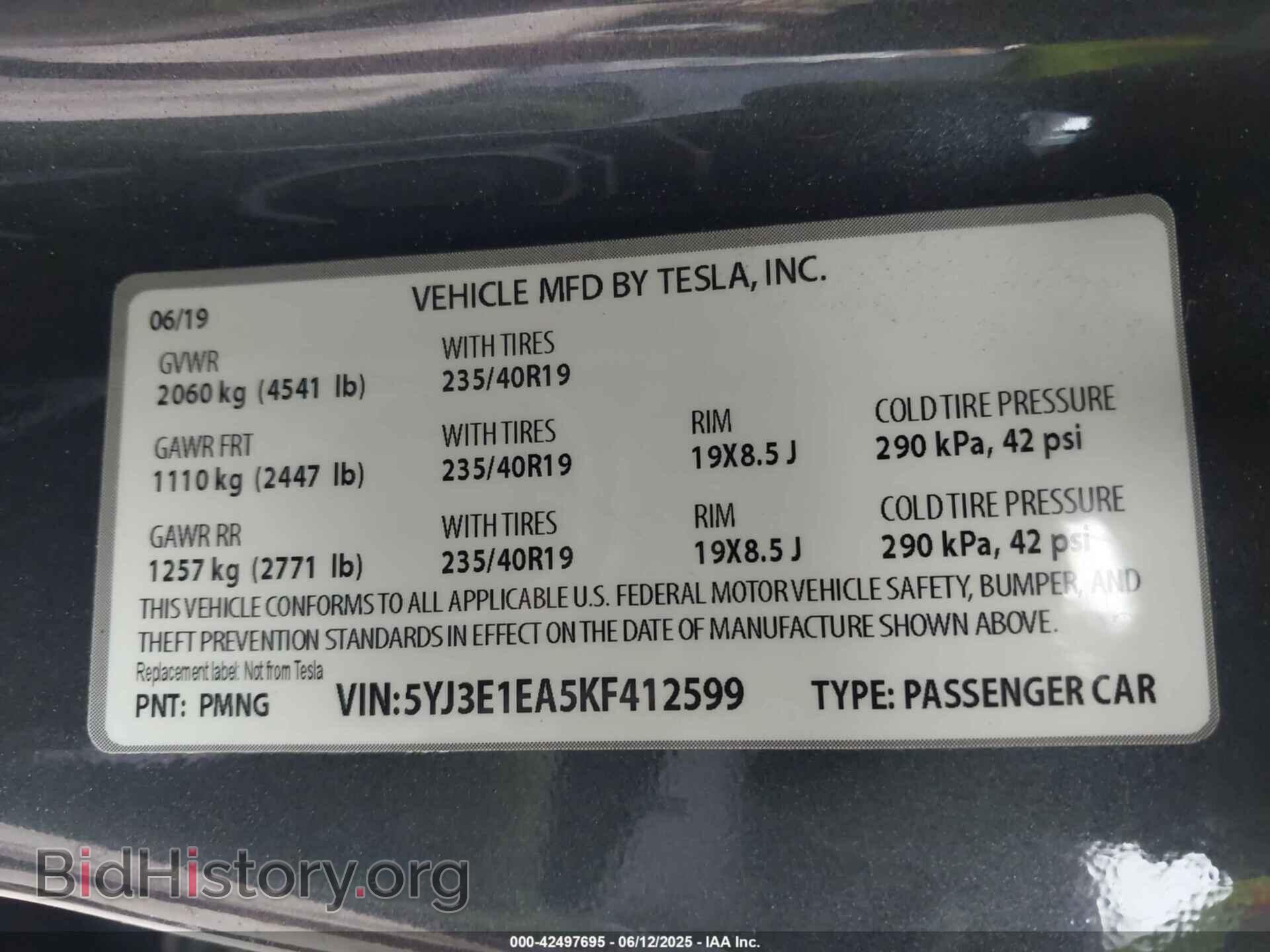 2019 TESLA MODEL 3 - VIN: 5YJ3E1EA5KF412599 - Фото 9