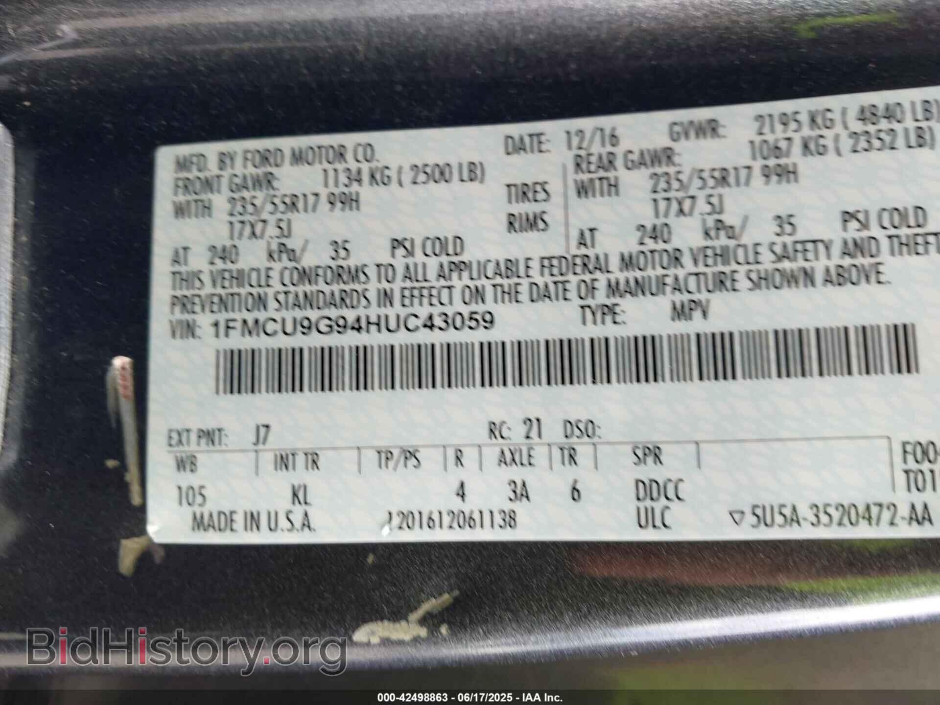 2017 FORD ESCAPE - VIN: 1FMCU9G94HUC43059 - Фото 9