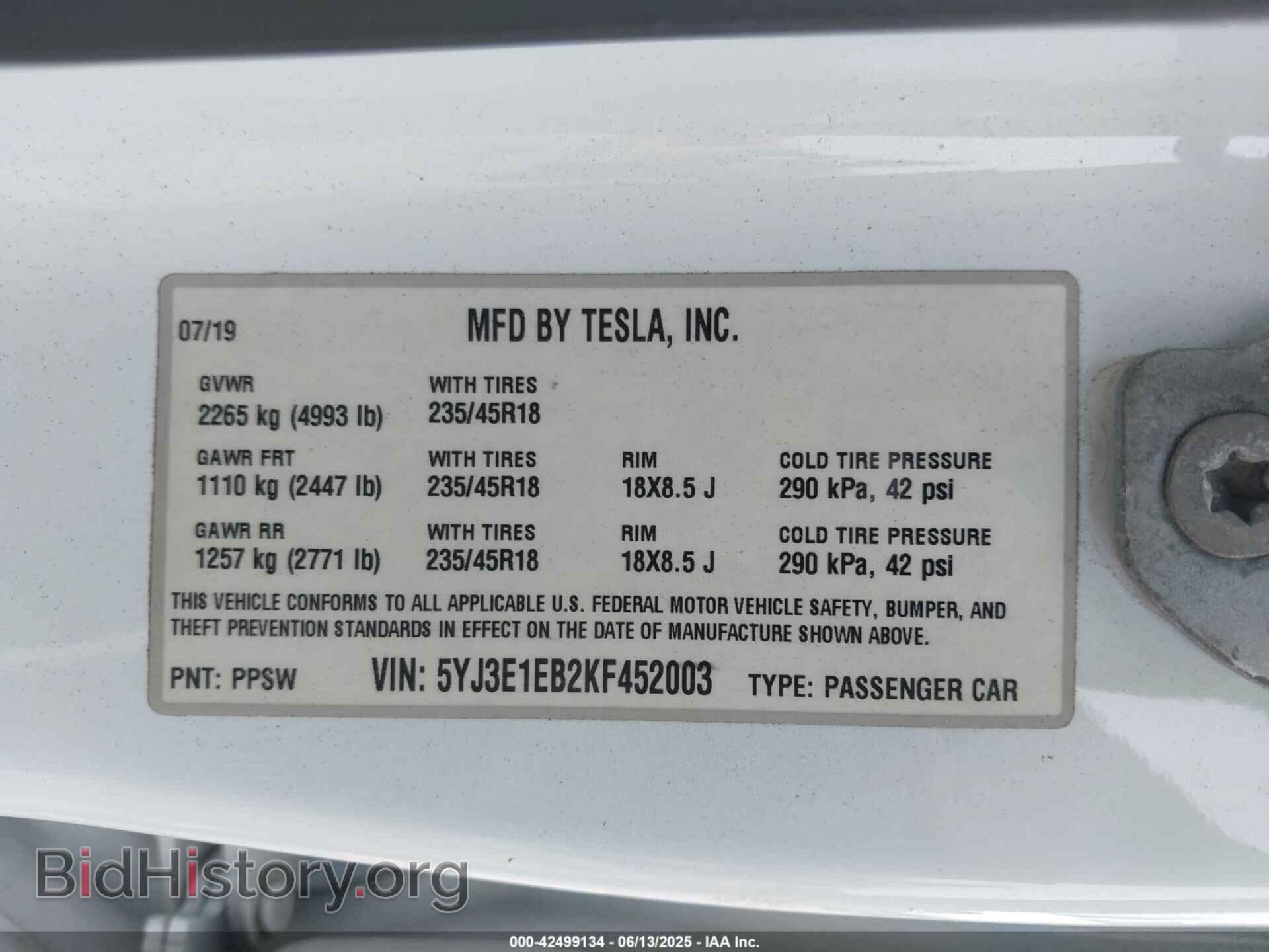 2019 TESLA MODEL 3 - VIN: 5YJ3E1EB2KF452003 - Photo 9