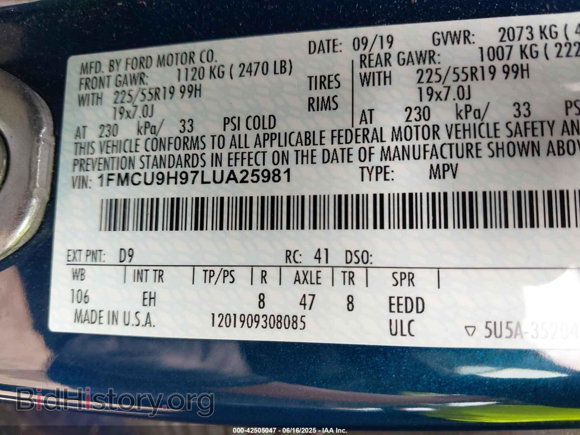 2020 FORD ESCAPE - VIN: 1FMCU9H97LUA25981 - Photo 9
