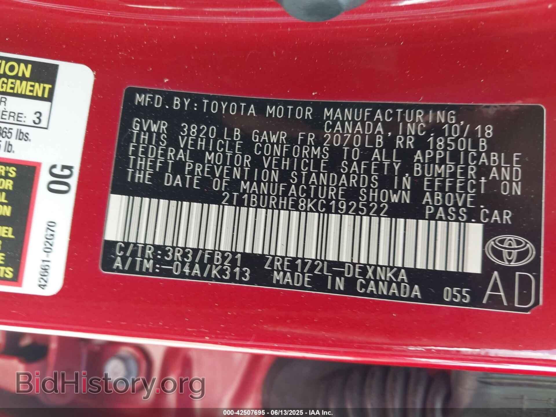 2019 TOYOTA COROLLA - VIN: 2T1BURHE8KC192522 - Фото 9
