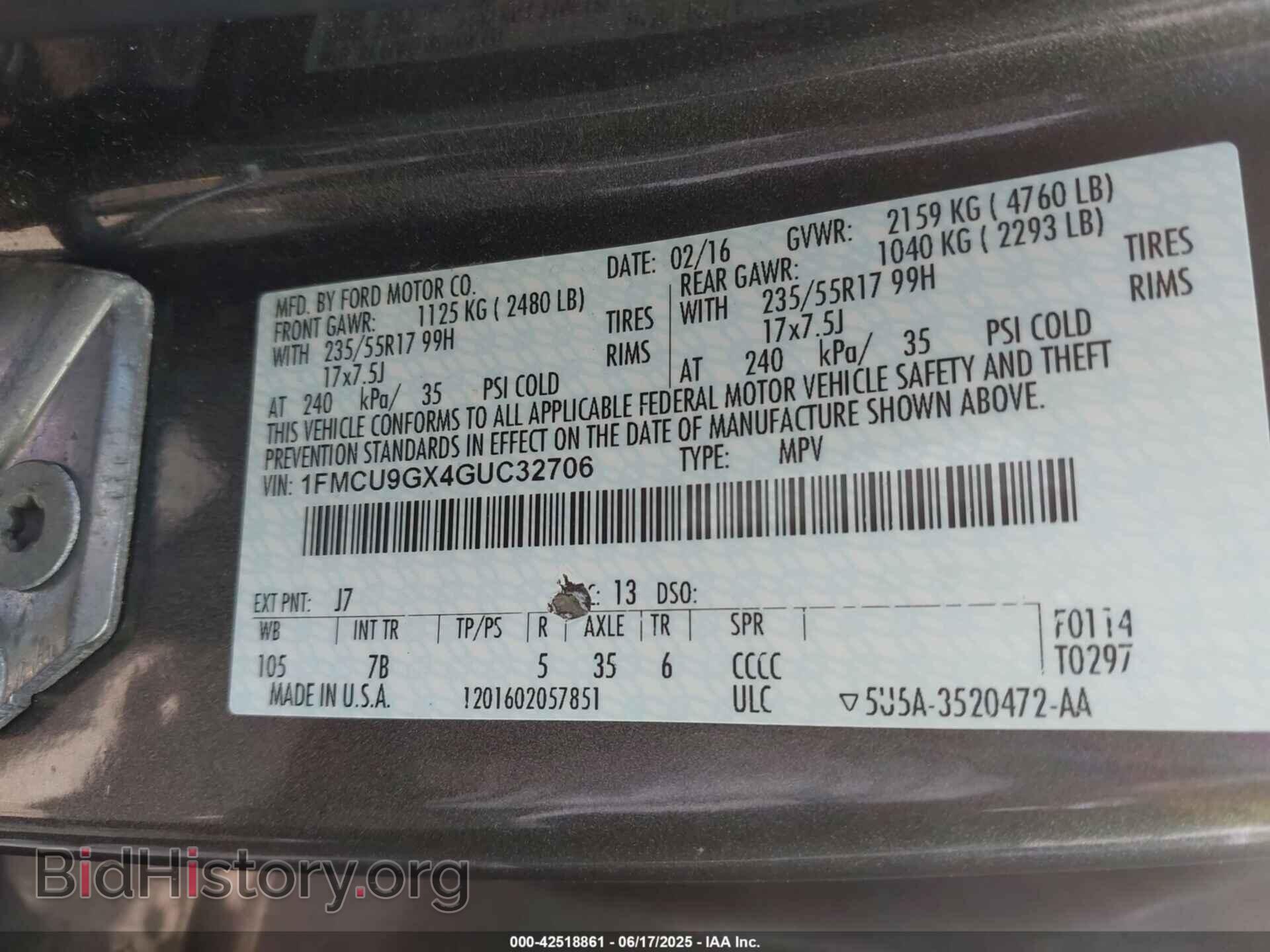 2016 FORD ESCAPE - VIN: 1FMCU9GX4GUC32706 - Фото 9
