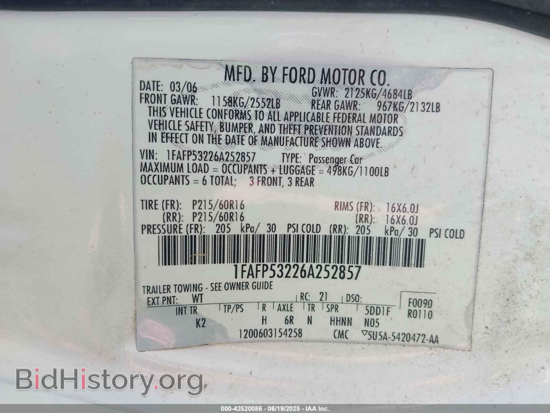 2006 FORD TAURUS - VIN: 1FAFP53226A252857 - Фото 9