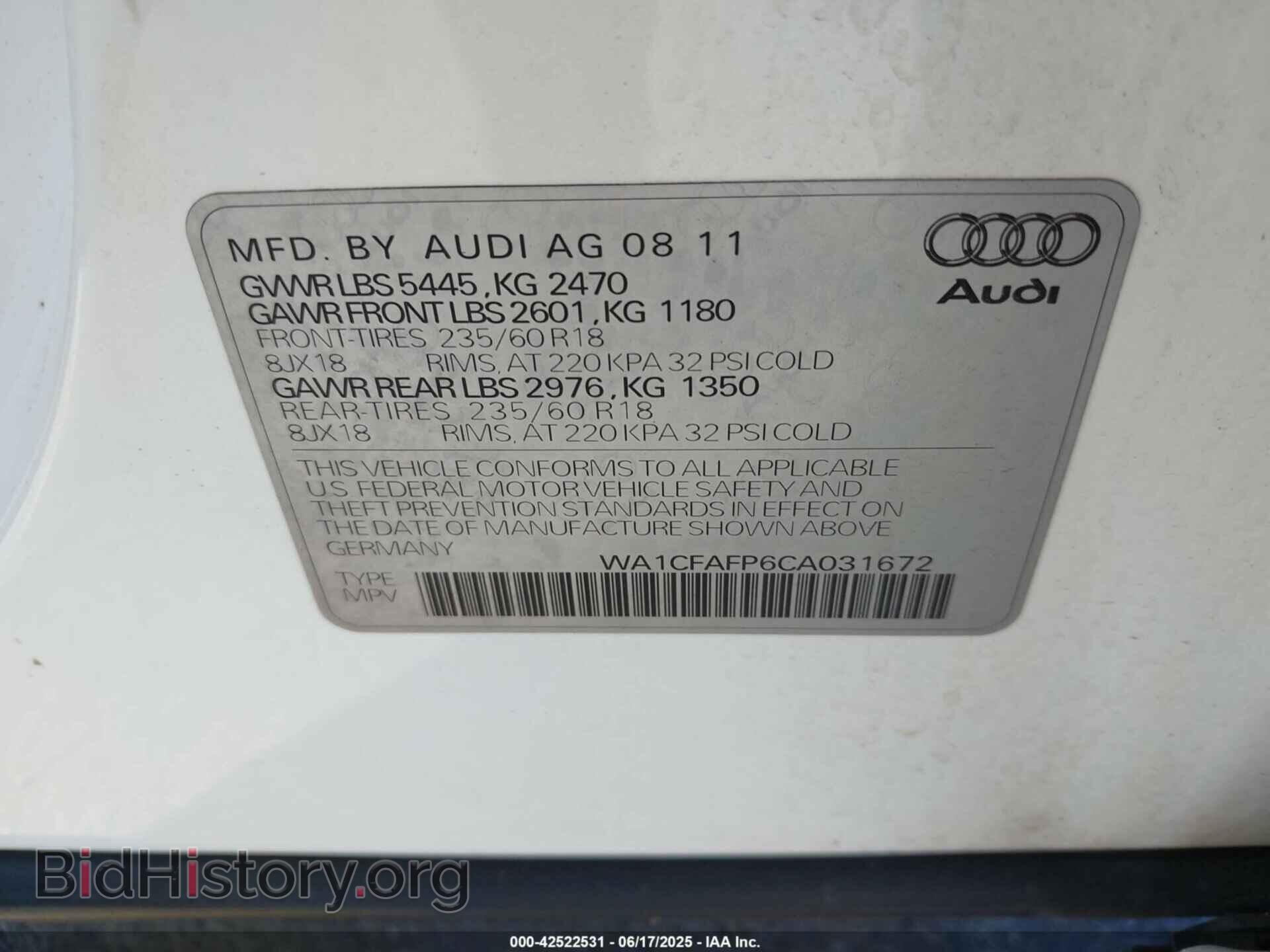 2012 AUDI Q5 - VIN: WA1CFAFP6CA031672 - Фото 9