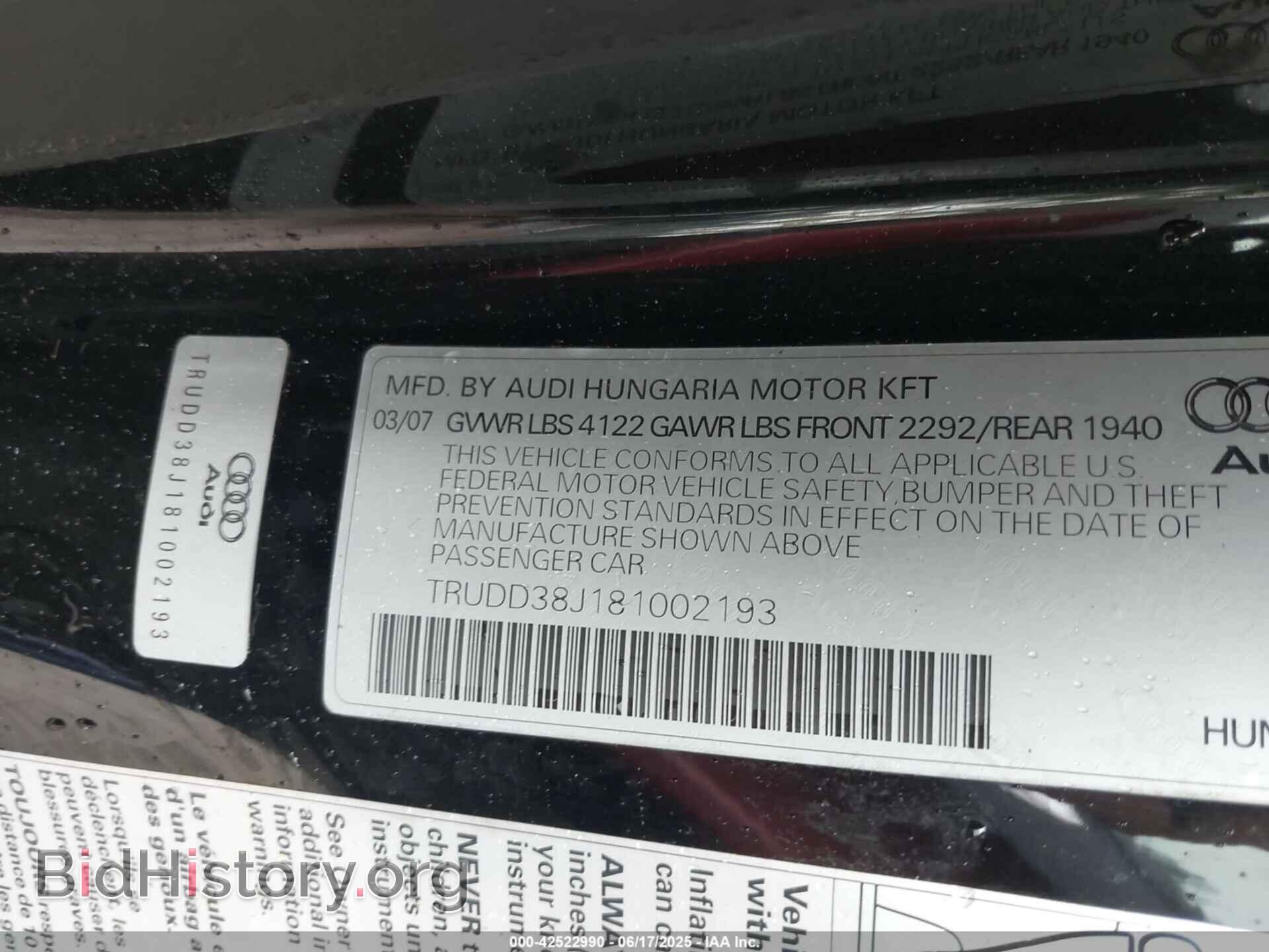 2008 AUDI TT - VIN: TRUDD38J181002193 - Фото 9