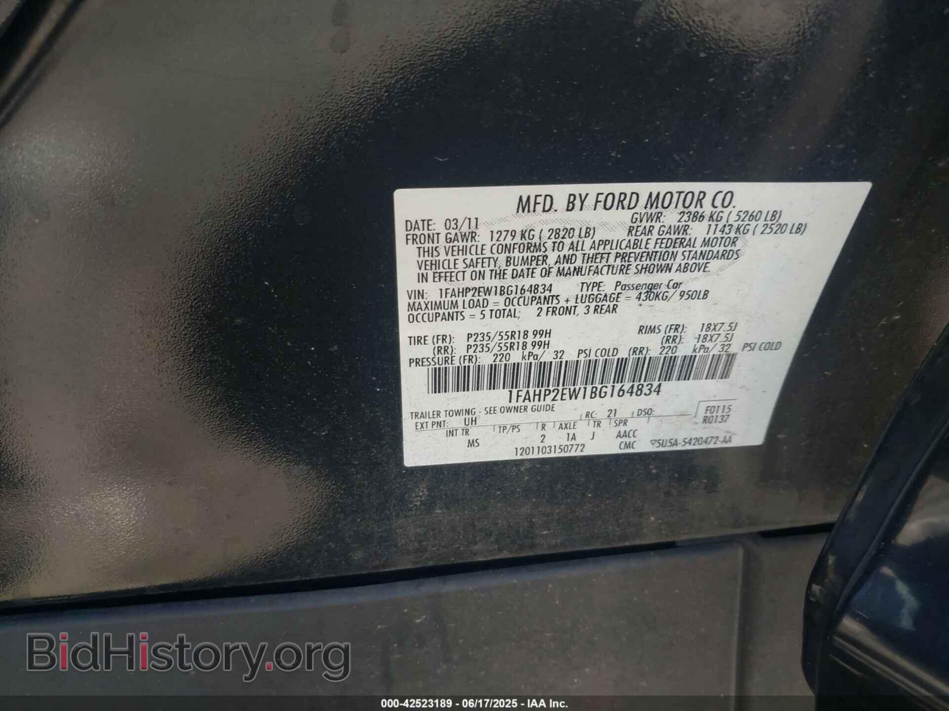 2011 FORD TAURUS - VIN: 1FAHP2EW1BG164834 - Фото 9