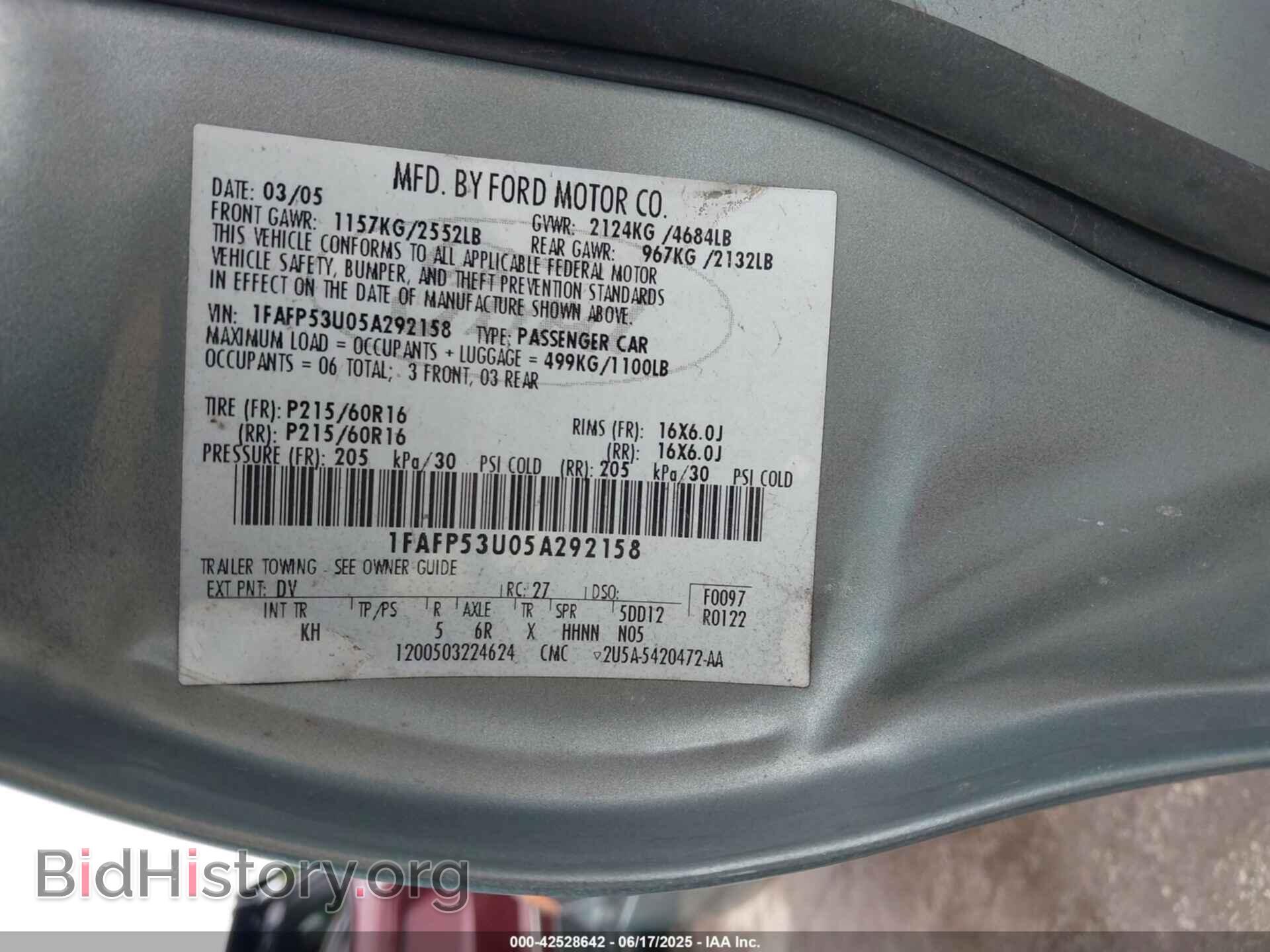 2005 FORD TAURUS - VIN: 1FAFP53U05A292158 - Фото 9