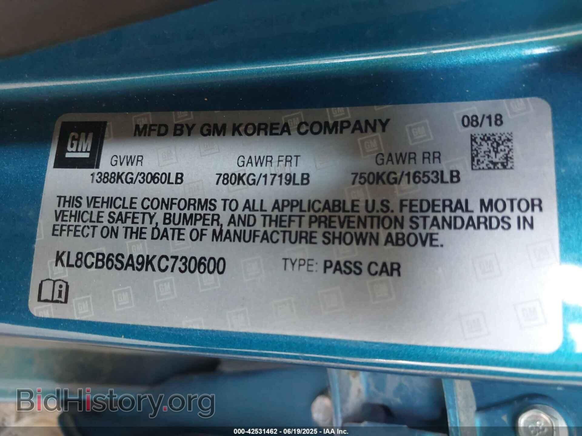 2019 CHEVROLET SPARK - VIN: KL8CB6SA9KC730600 - Фото 9