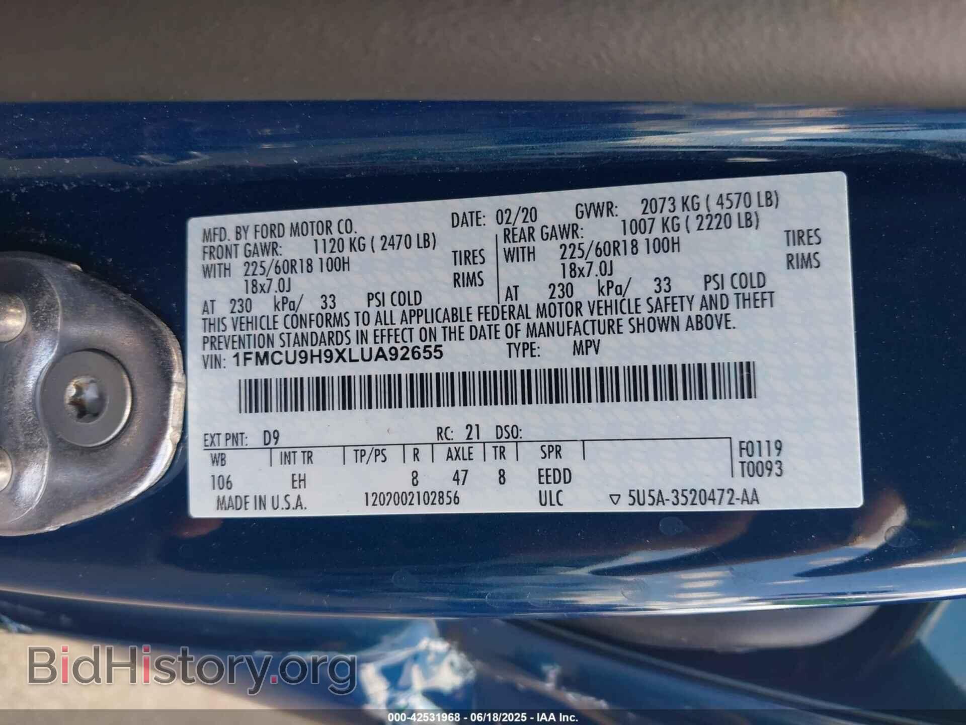2020 FORD ESCAPE - VIN: 1FMCU9H9XLUA92655 - Фото 9