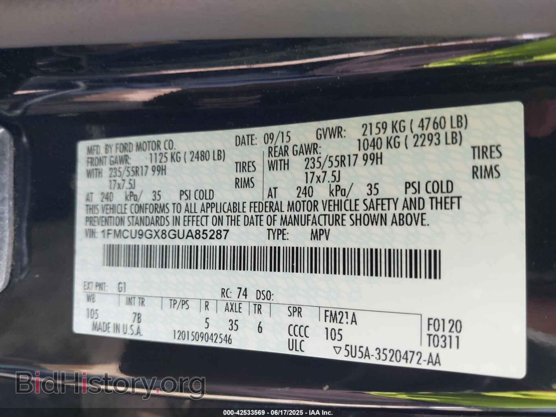 2016 FORD ESCAPE - VIN: 1FMCU9GX8GUA85287 - Фото 9