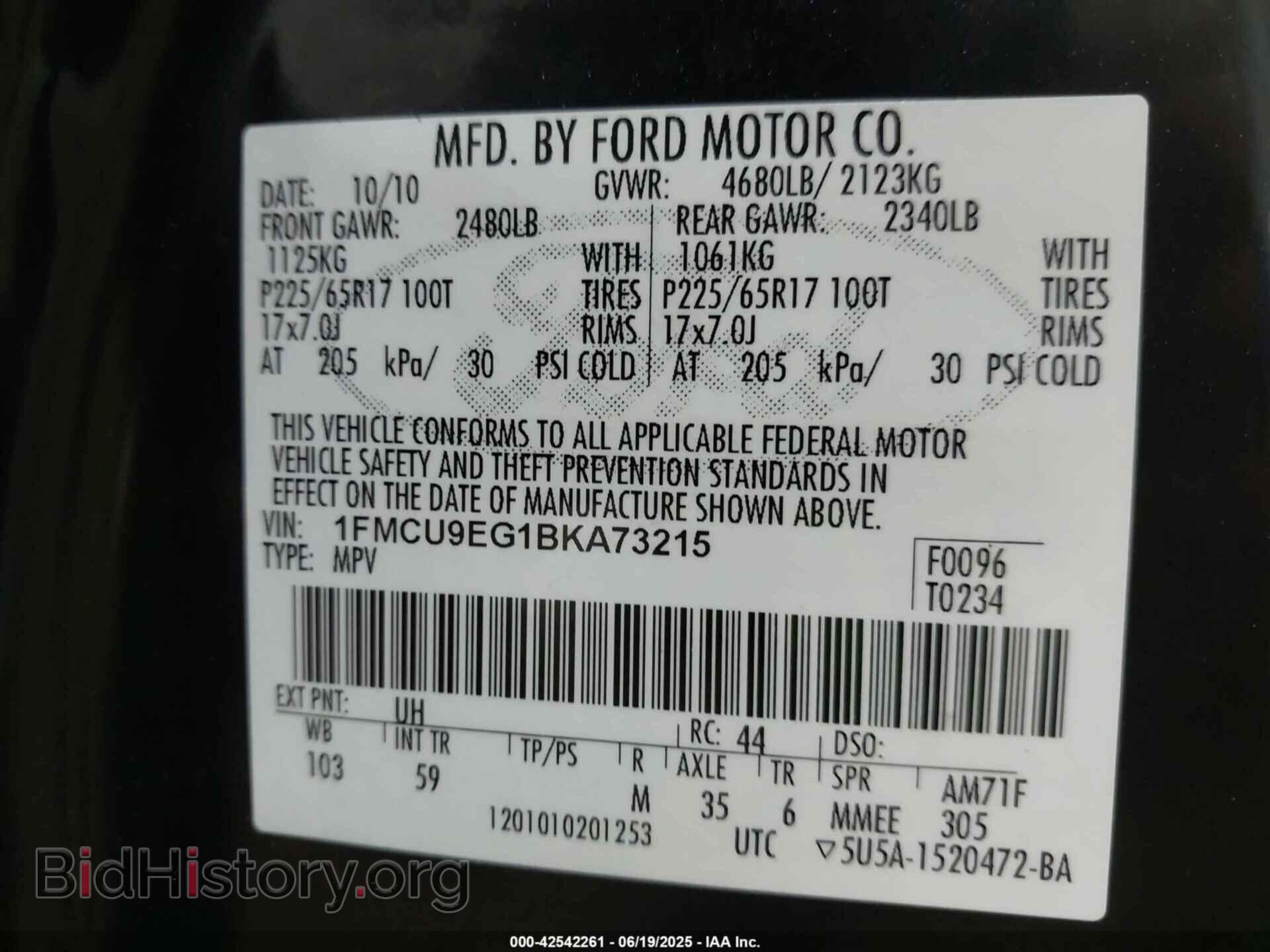 2011 FORD ESCAPE - VIN: 1FMCU9EG1BKA73215 - Фото 9