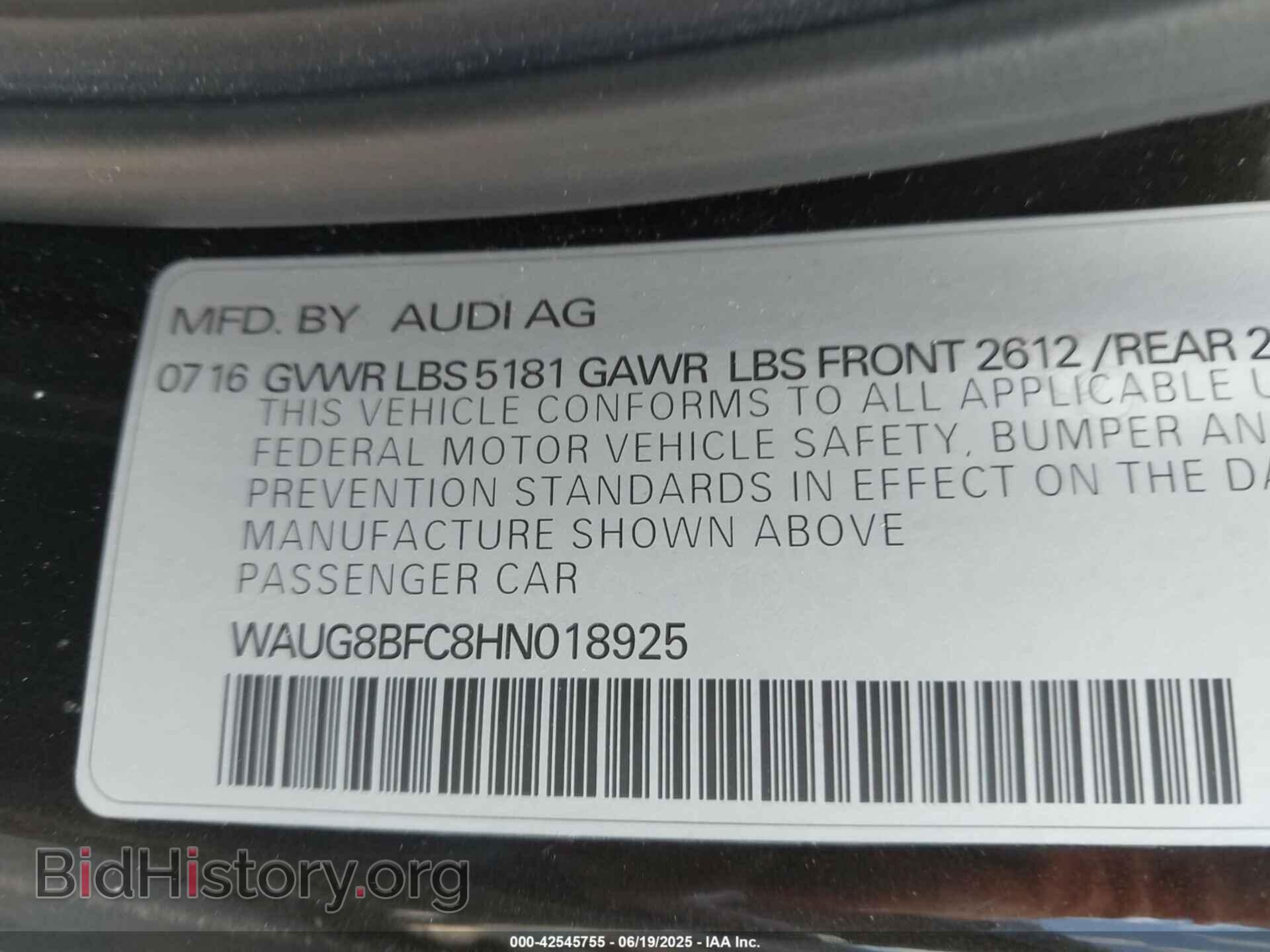 2017 AUDI A6 - VIN: WAUG8BFC8HN018925 - Фото 9