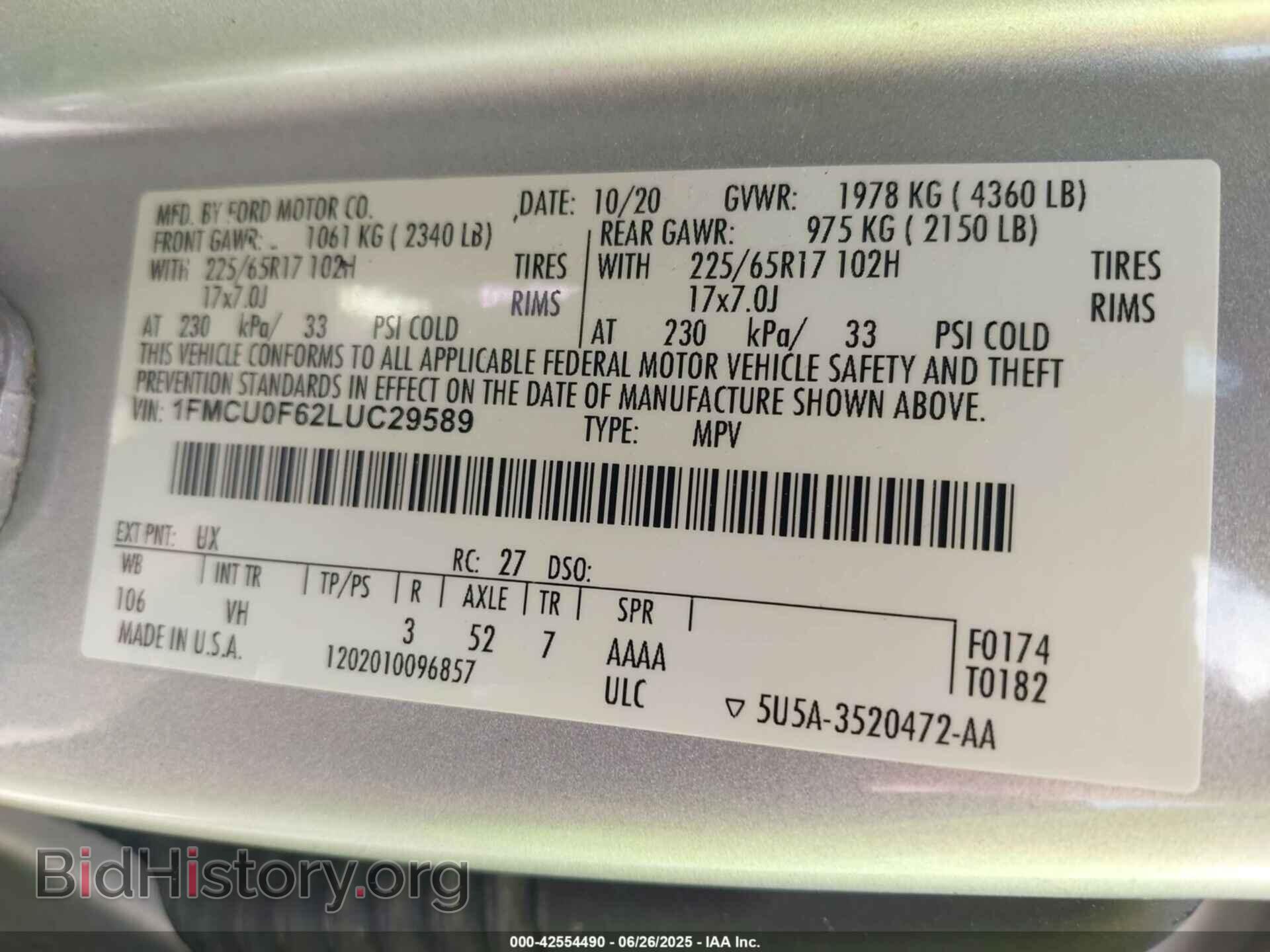 2020 FORD ESCAPE - VIN: 1FMCU0F62LUC29589 - Фото 9