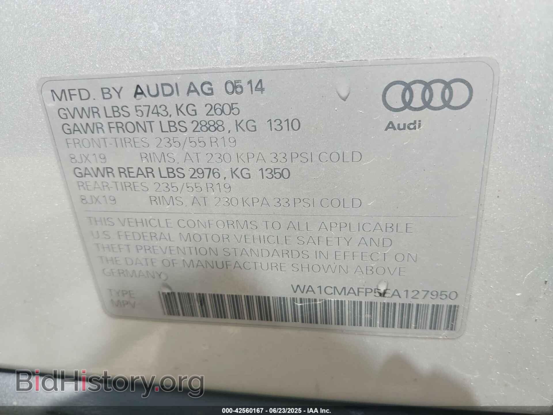 2014 AUDI Q5 - VIN: WA1CMAFP5EA127950 - Фото 9