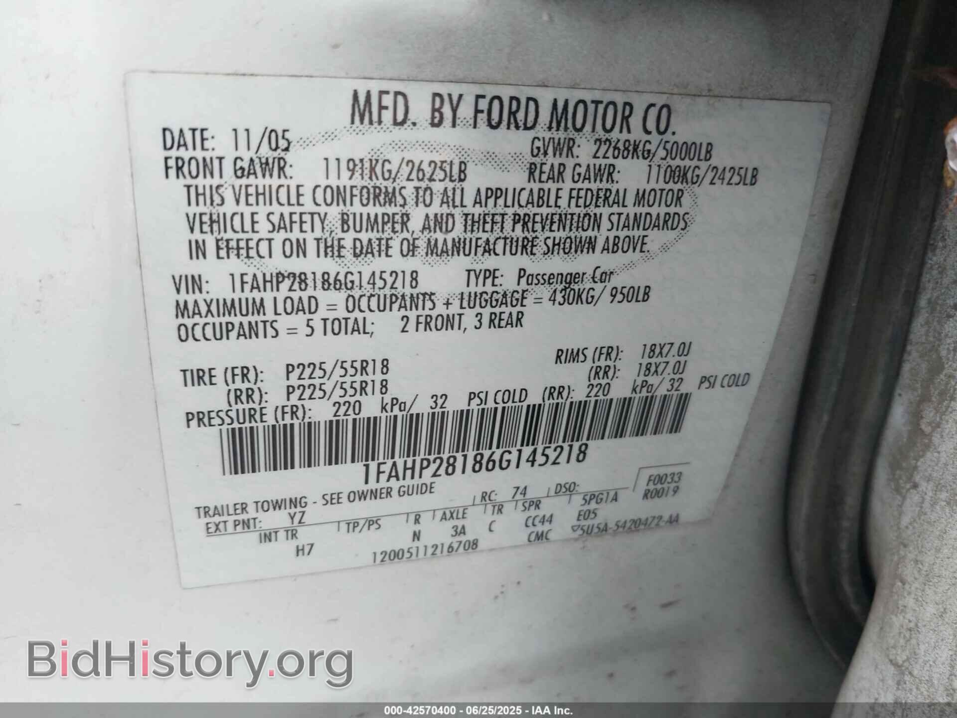 2006 FORD FIVE HUNDRED - VIN: 1FAHP28186G145218 - Фото 9