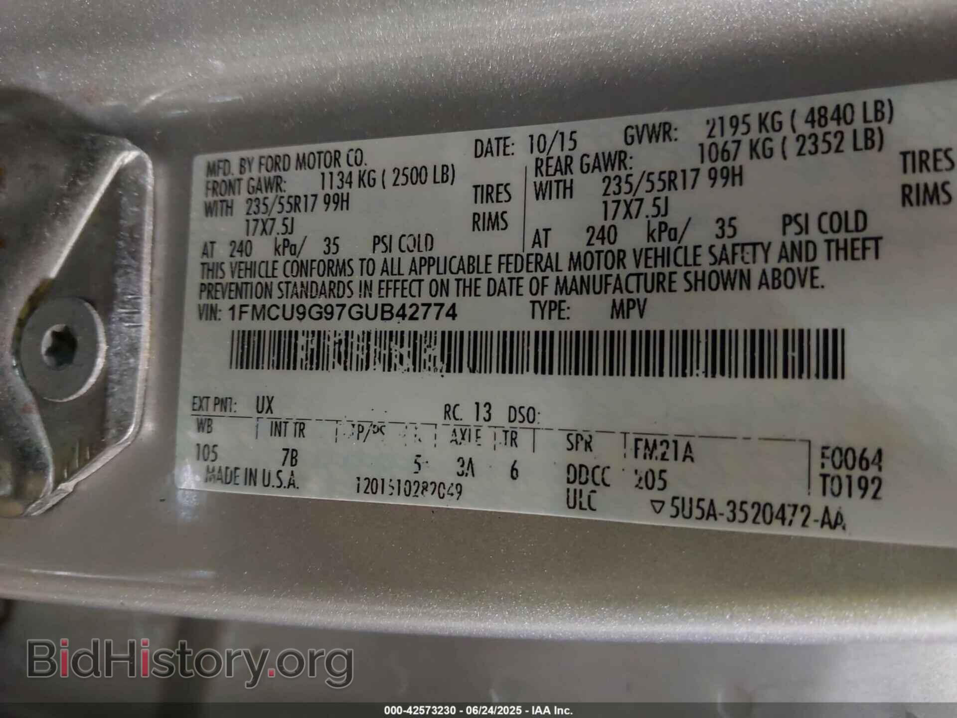 2016 FORD ESCAPE - VIN: 1FMCU9G97GUB42774 - Фото 9