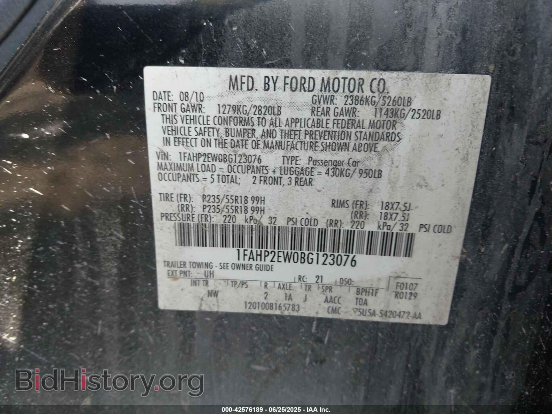 2011 FORD TAURUS - VIN: 1FAHP2EW0BG123076 - Фото 9