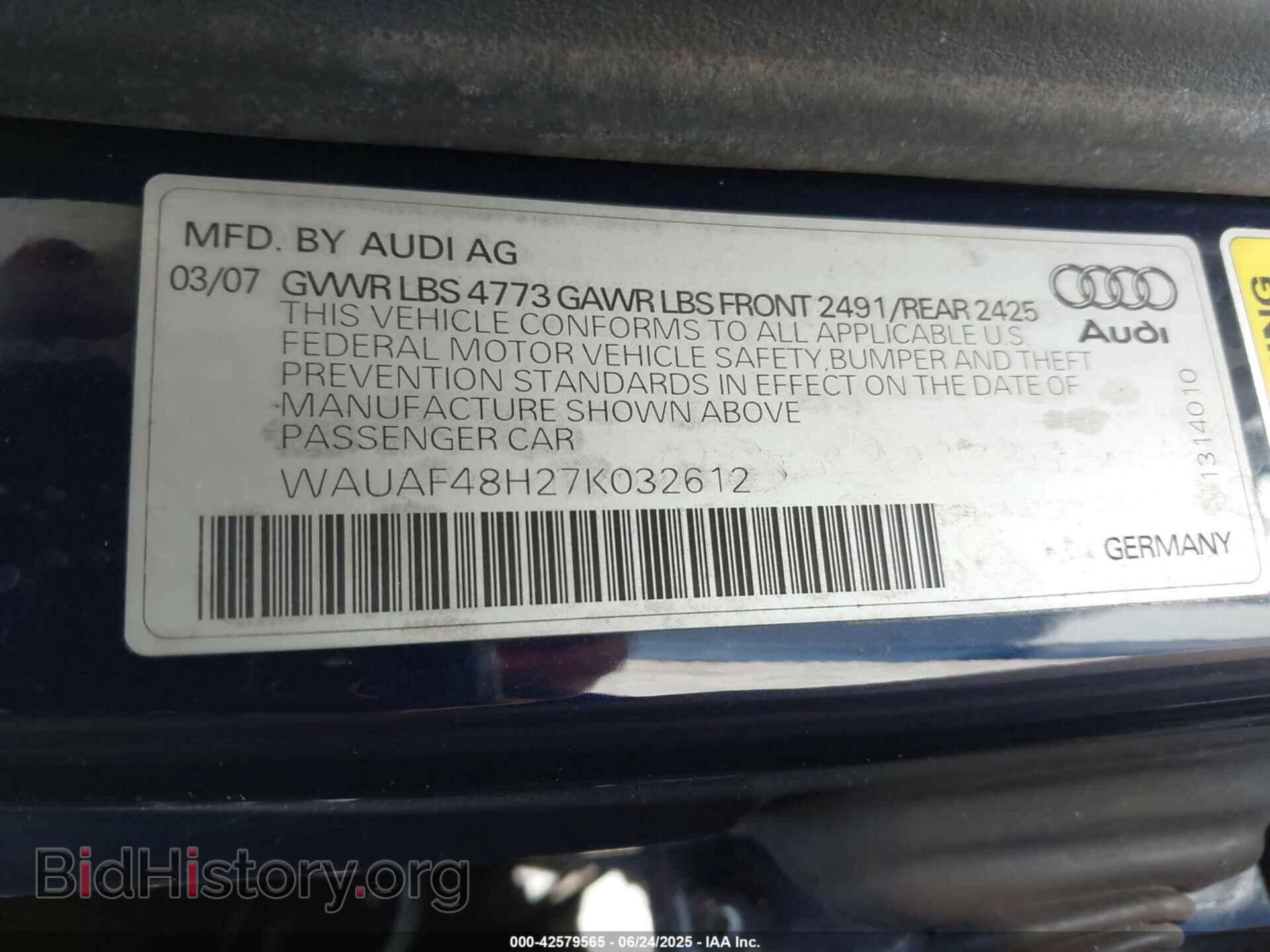 2007 AUDI A4 - VIN: WAUAF48H27K032612 - Фото 9