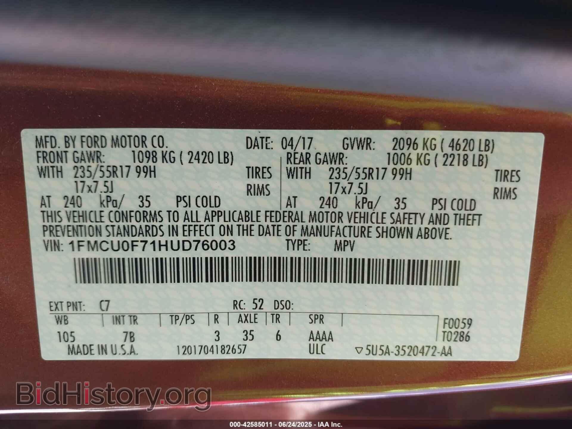 2017 FORD ESCAPE - VIN: 1FMCU0F71HUD76003 - Фото 9
