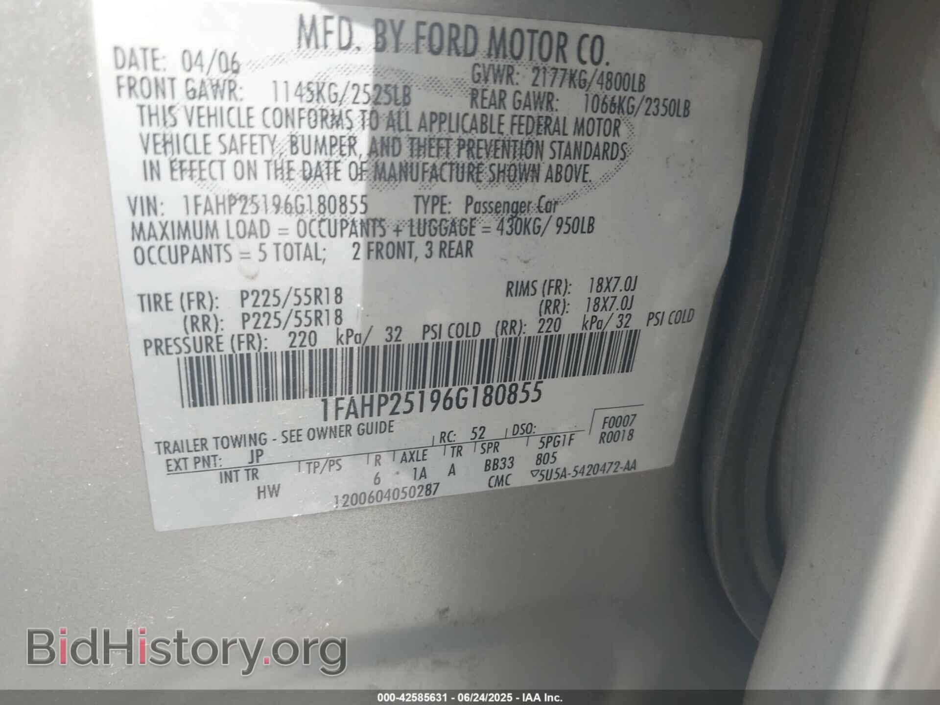 2006 FORD FIVE HUNDRED - VIN: 1FAHP25196G180855 - Фото 9