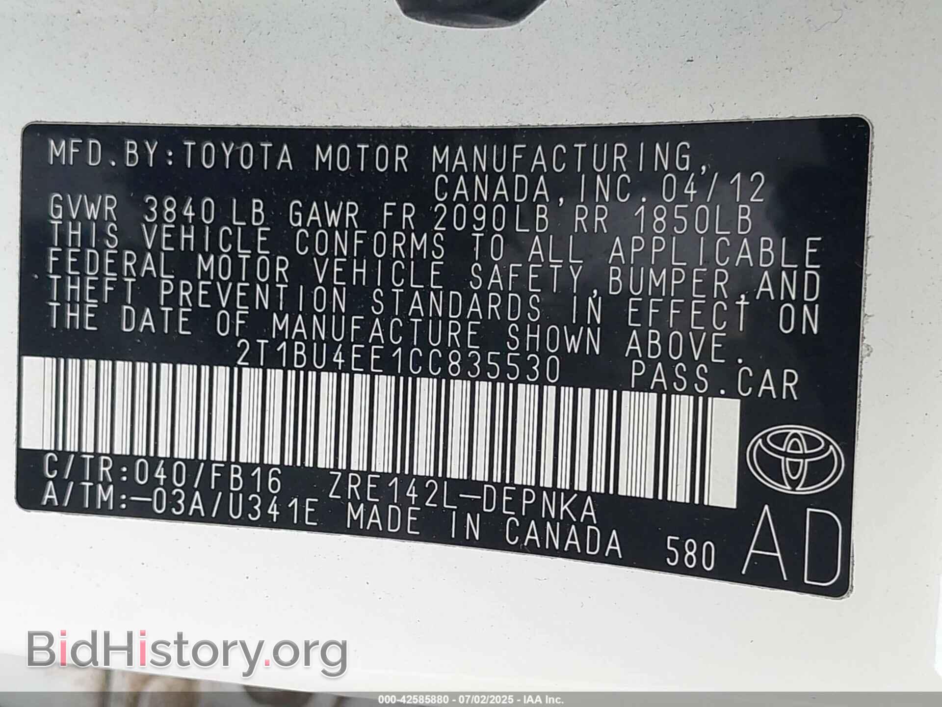 2012 TOYOTA COROLLA - VIN: 2T1BU4EE1CC835530 - Фото 9