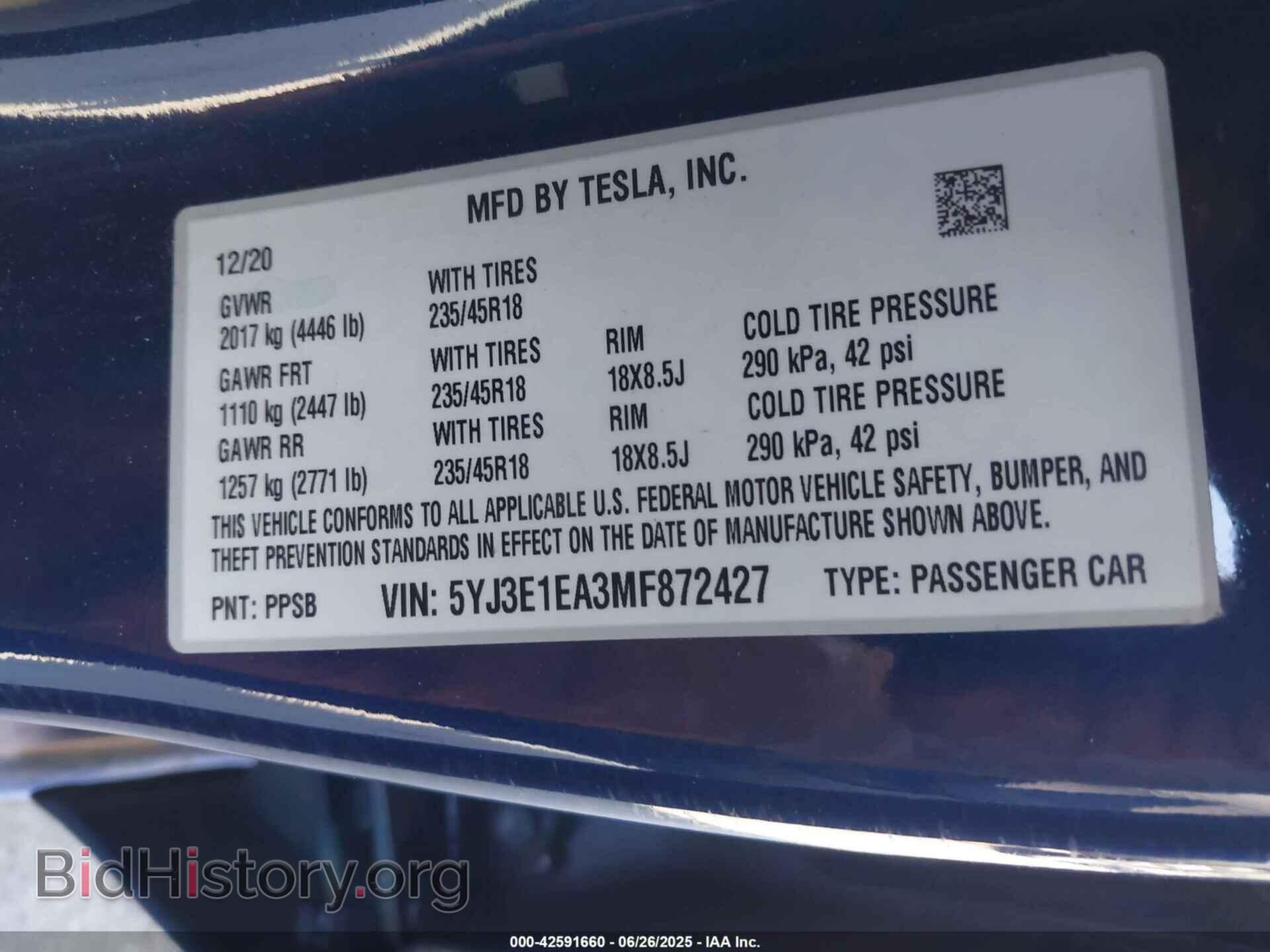 2021 TESLA MODEL 3 - VIN: 5YJ3E1EA3MF872427 - Фото 9