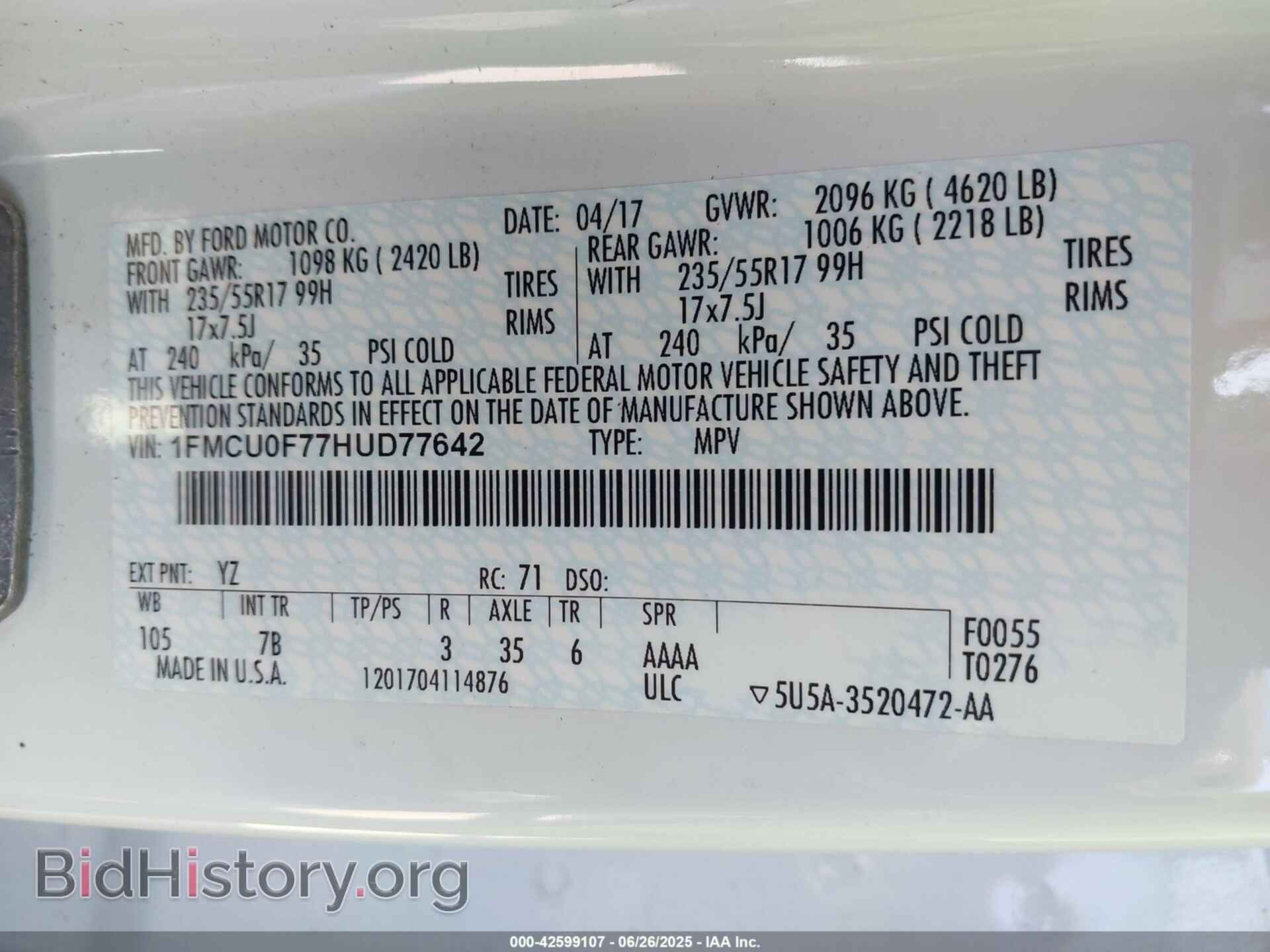 2017 FORD ESCAPE - VIN: 1FMCU0F77HUD77642 - Фото 9
