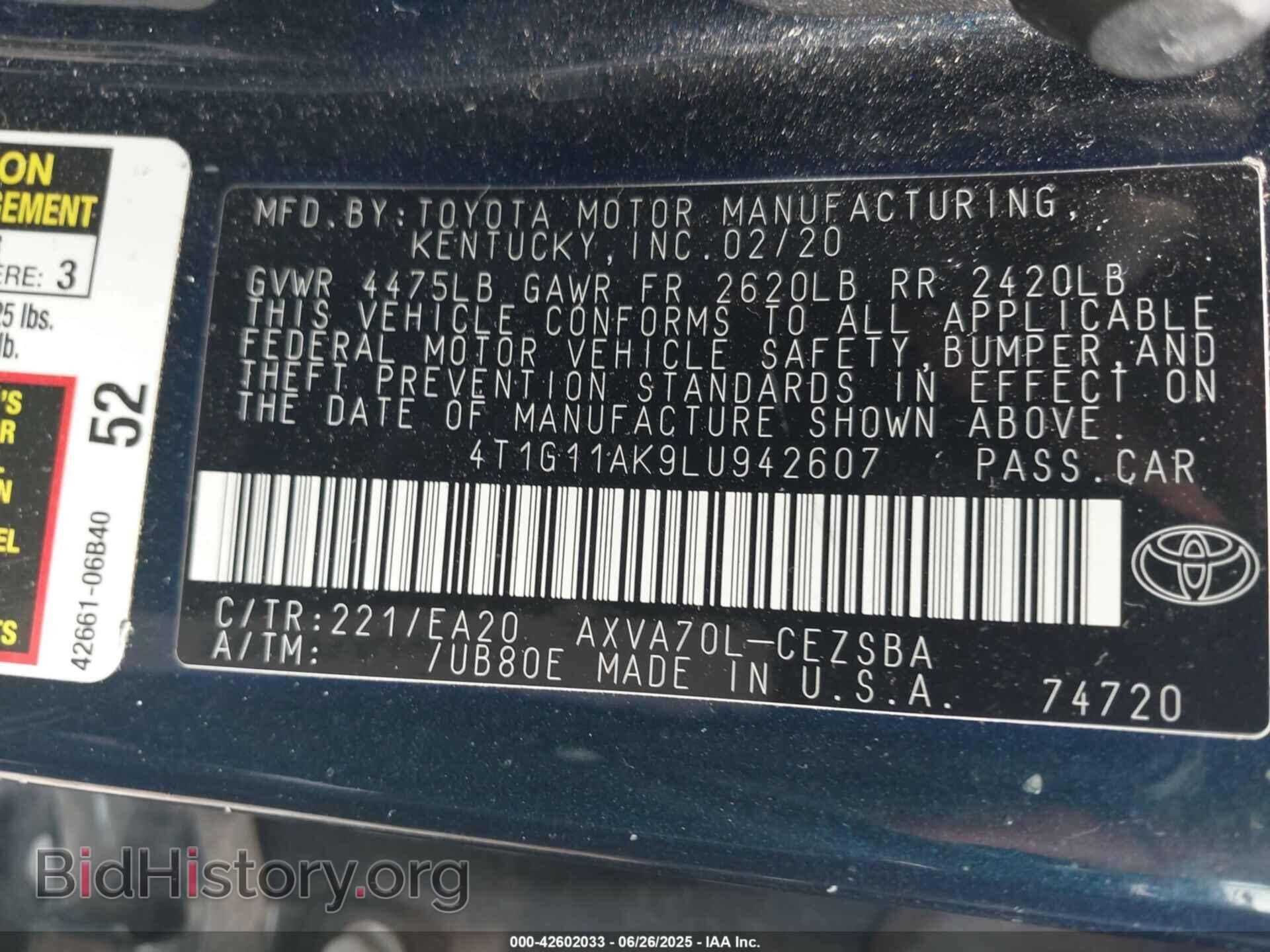 2020 TOYOTA CAMRY - VIN: 4T1G11AK9LU942607 - Фото 9