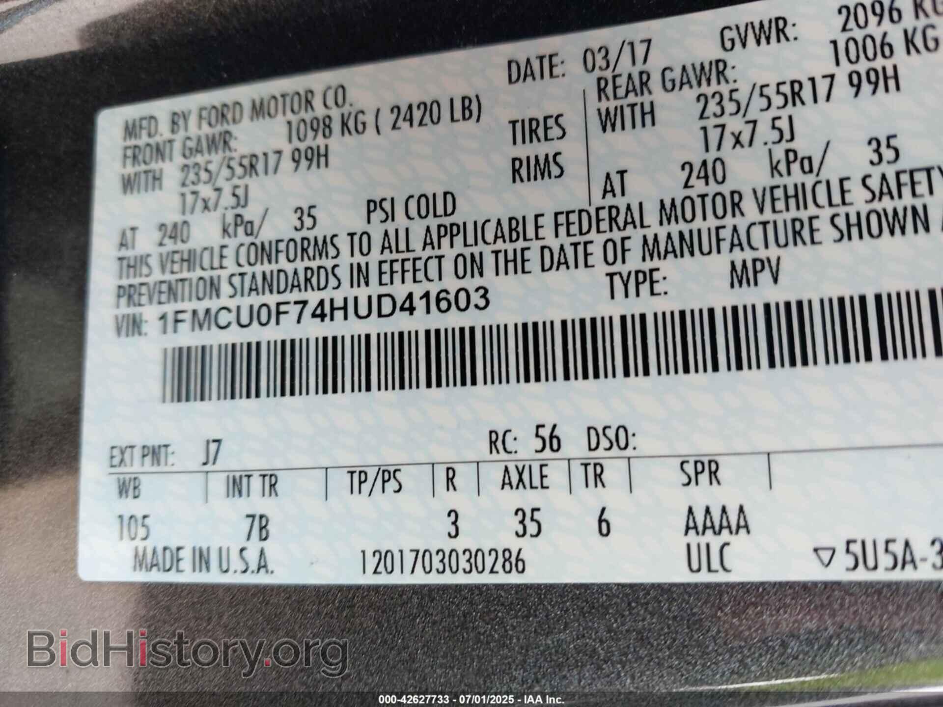 2017 FORD ESCAPE - VIN: 1FMCU0F74HUD41603 - Фото 9