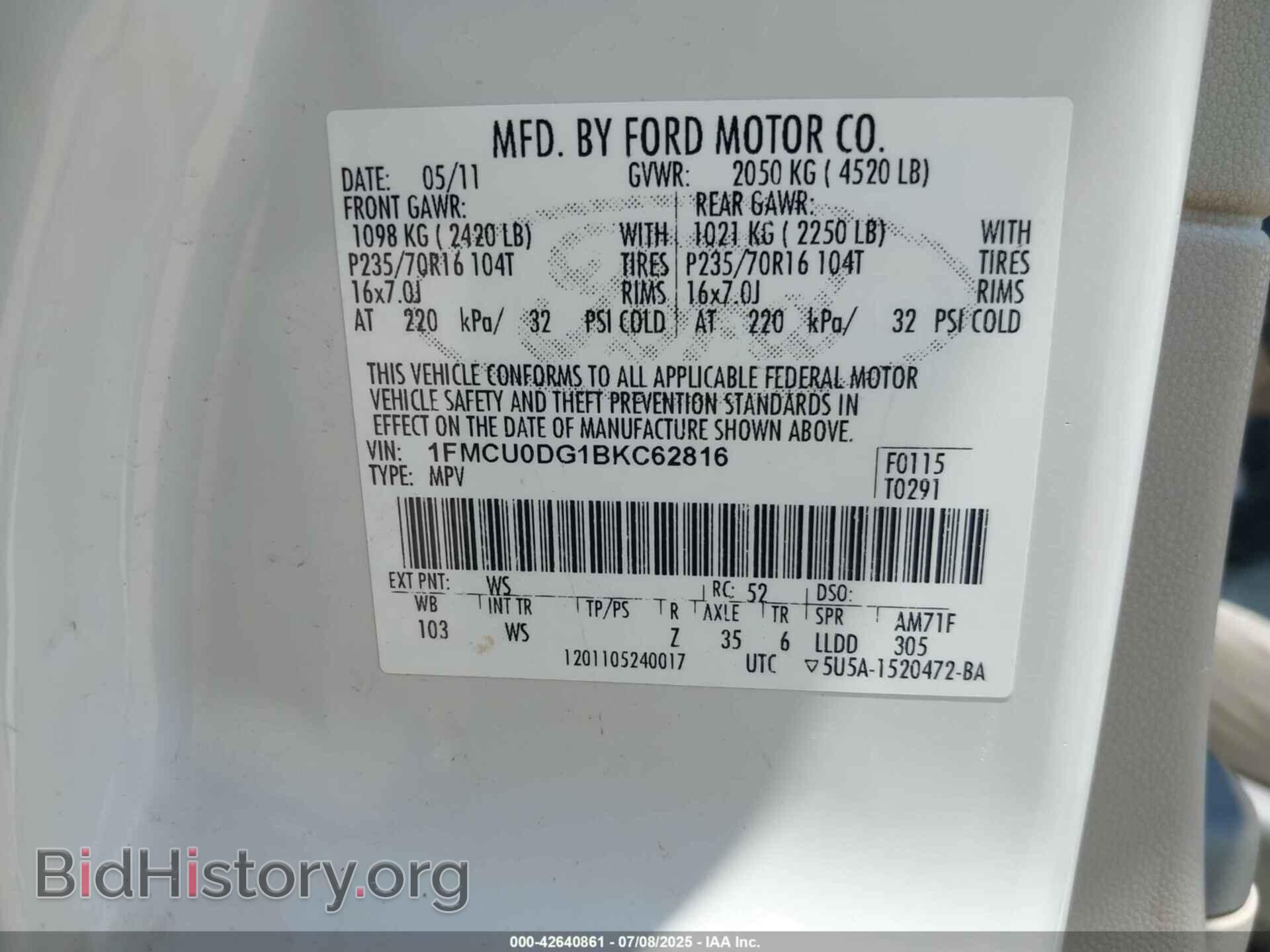 2011 FORD ESCAPE - VIN: 1FMCU0DG1BKC62816 - Фото 9
