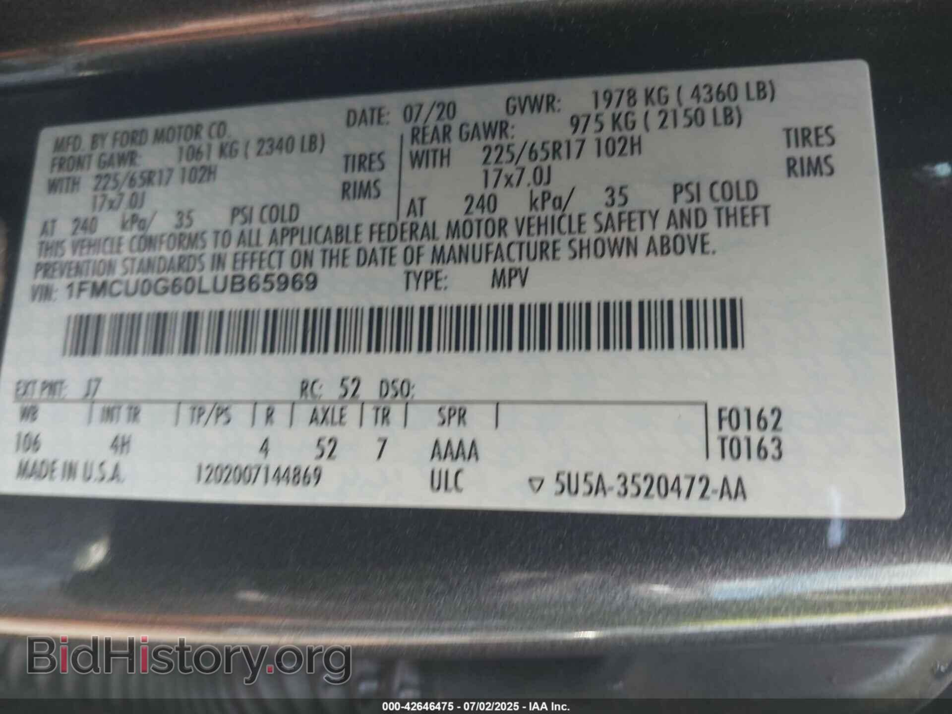 2020 FORD ESCAPE - VIN: 1FMCU0G60LUB65969 - Фото 7