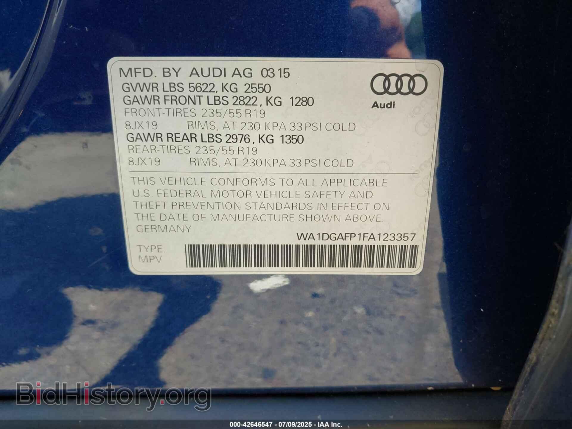2015 AUDI Q5 - VIN: WA1DGAFP1FA123357 - Фото 9