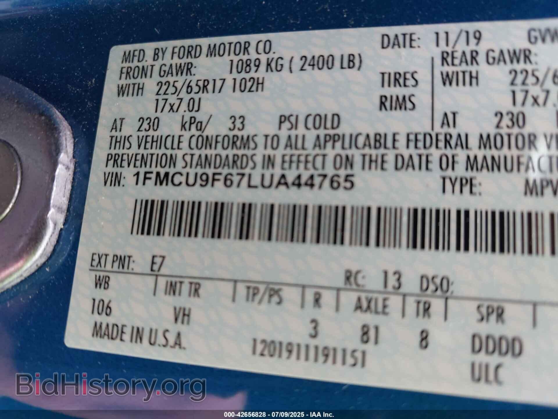 2020 FORD ESCAPE - VIN: 1FMCU9F67LUA44765 - Фото 9