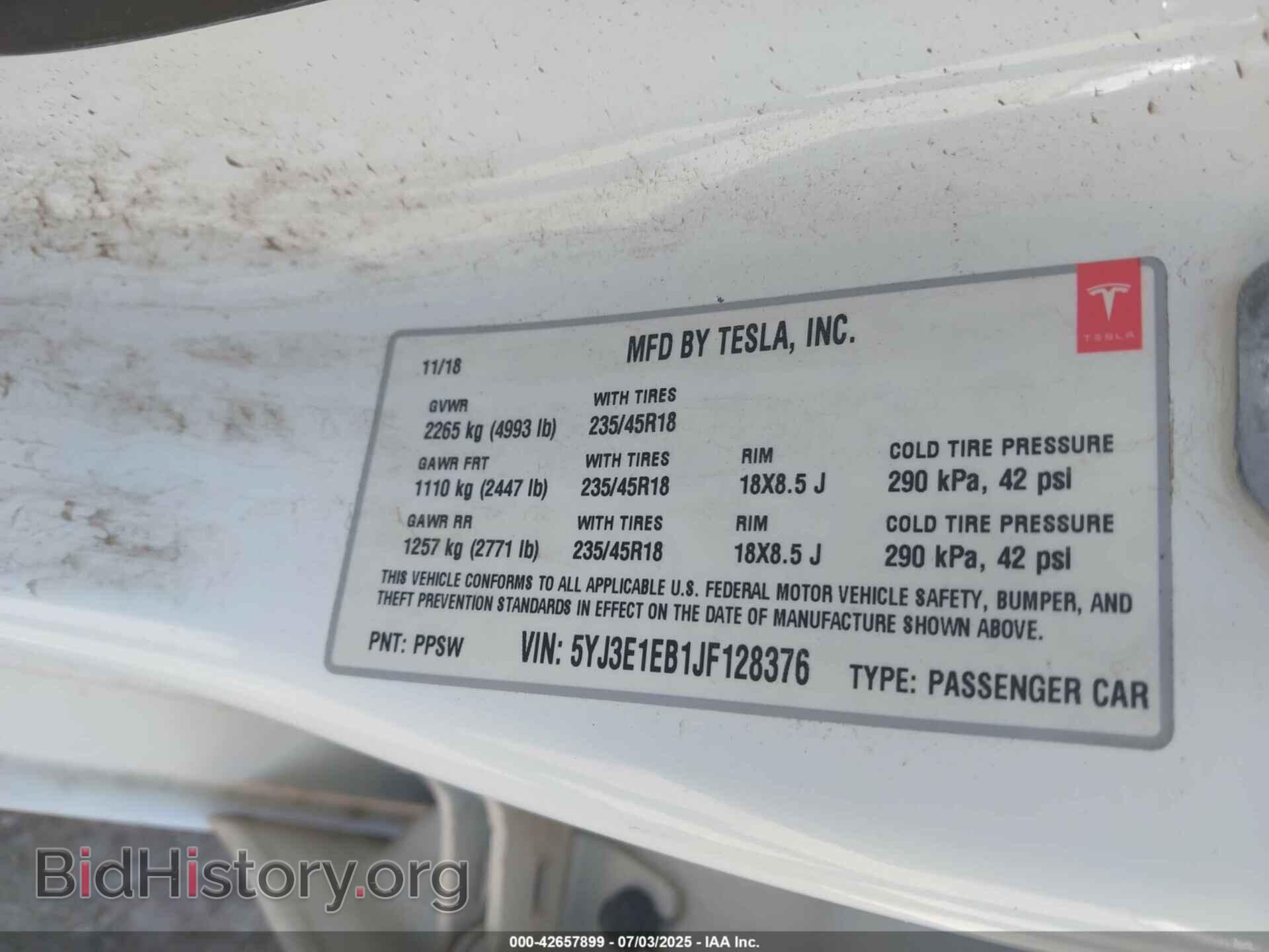 2018 TESLA MODEL 3 - VIN: 5YJ3E1EB1JF128376 - Фото 9