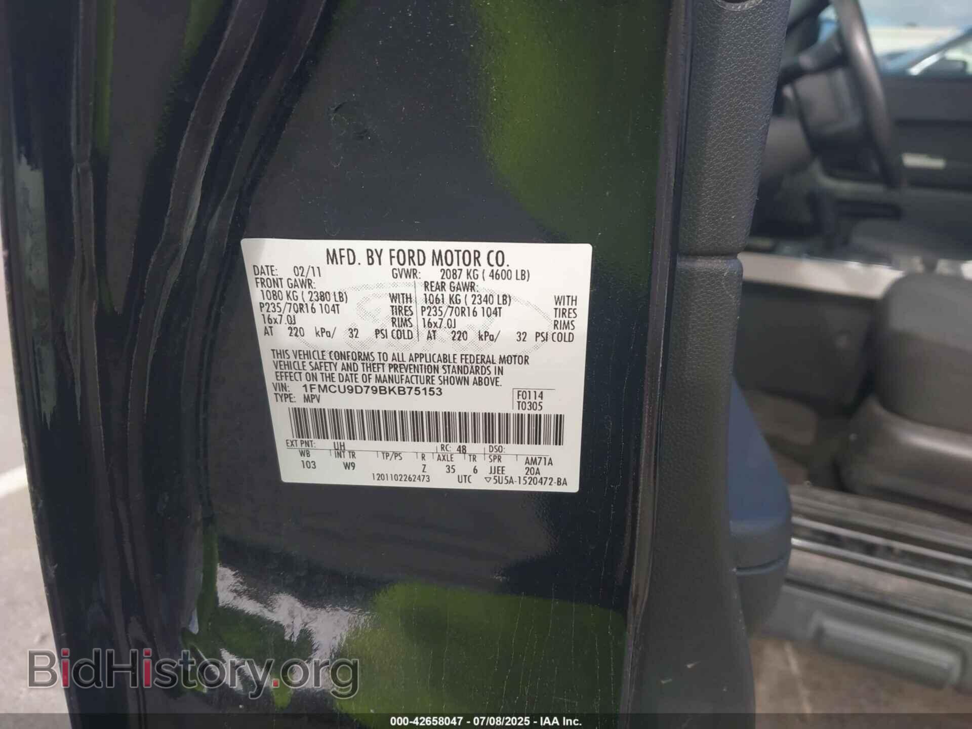 2011 FORD ESCAPE - VIN: 1FMCU9D79BKB75153 - Фото 9