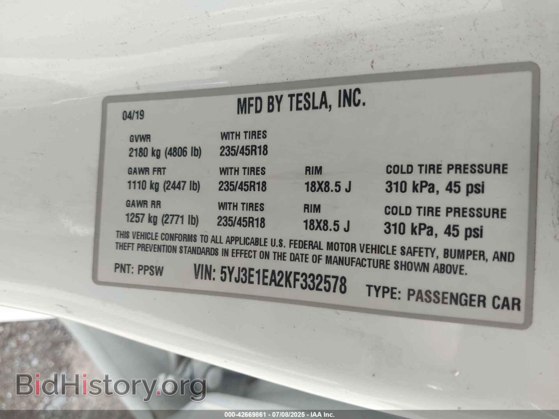 2019 TESLA MODEL 3 - VIN: 5YJ3E1EA2KF332578 - Photo 9